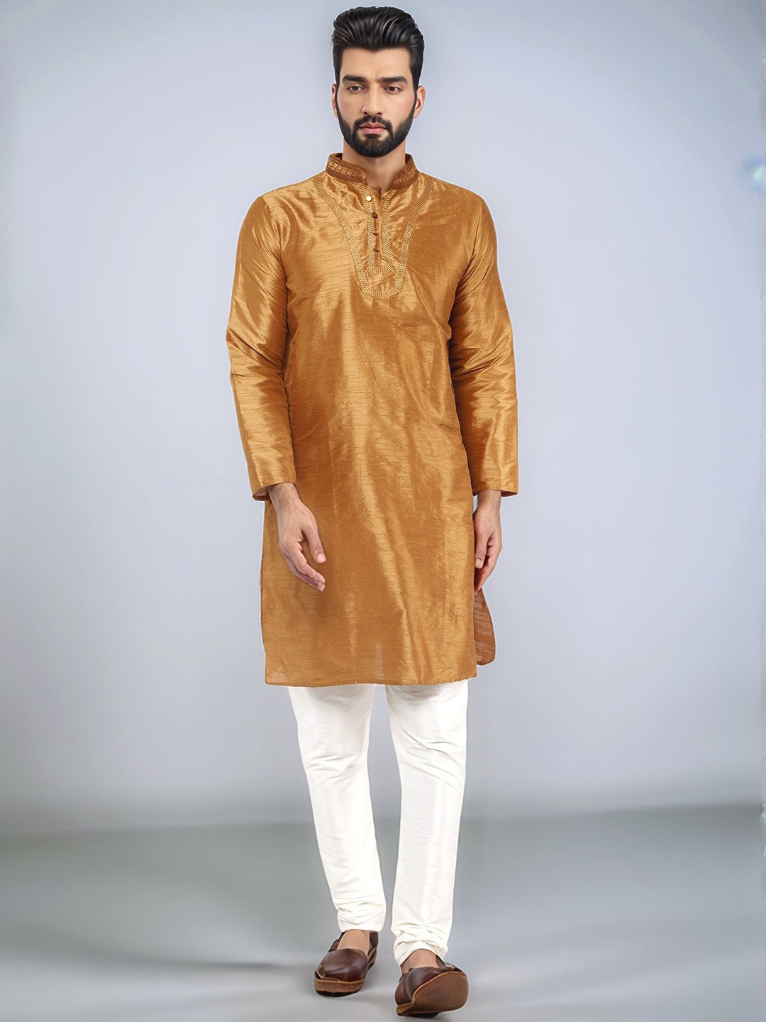 

Moda Rapido Embroidered Mandarin Collar Thread Work Straight Kurta With Pyjamas, Brown