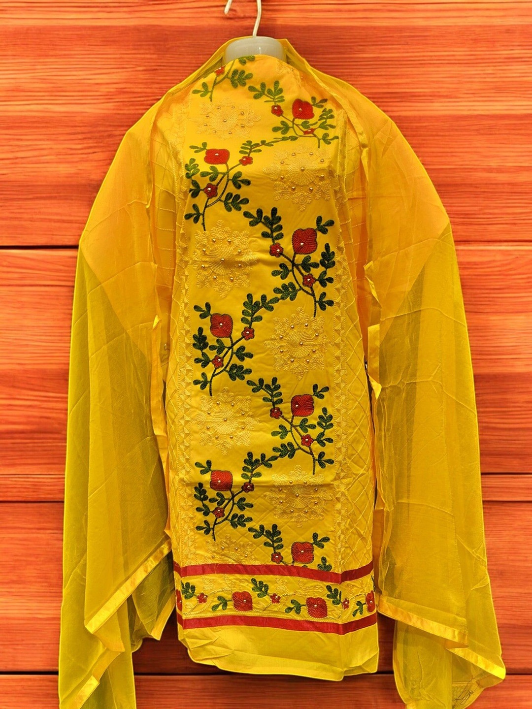 

REET MAHAL Embroidered Stones And Beads Work Pure Cotton Unstitched Dress Material, Yellow