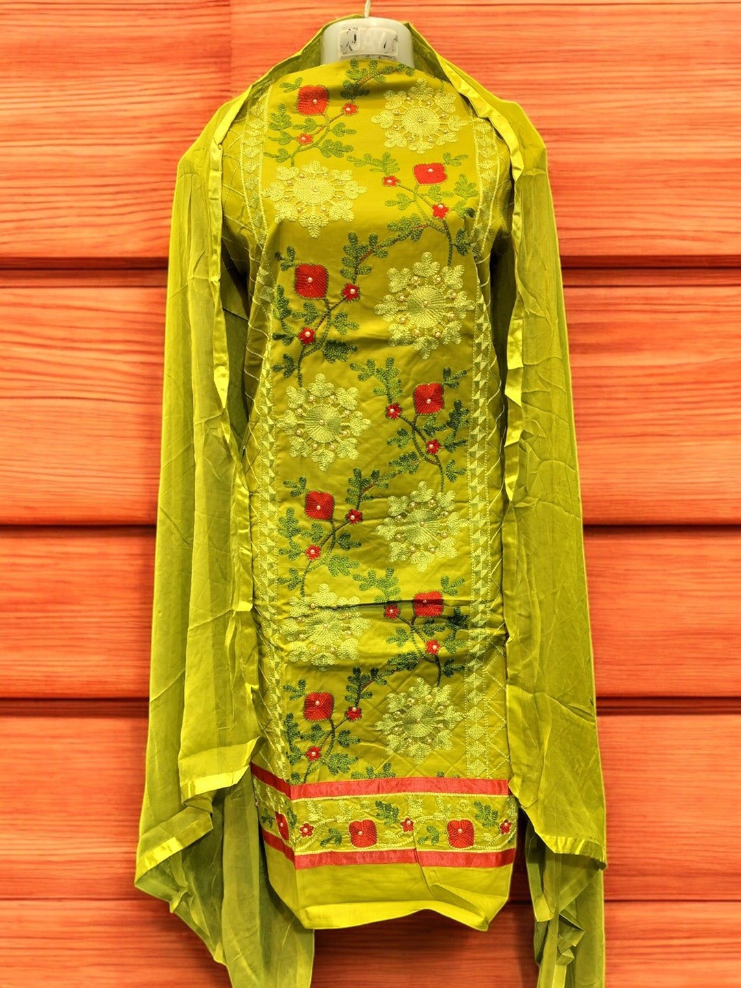 

REET MAHAL Floral Embroidered Pure Cotton Unstitched Dress Material, Olive