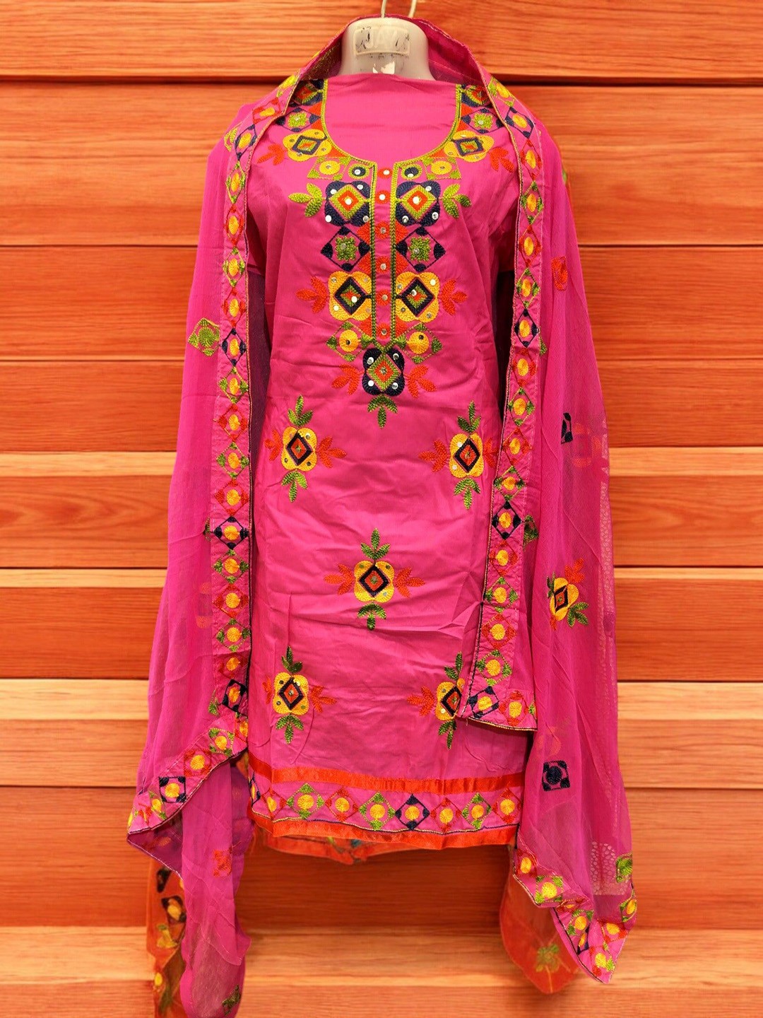 

REET MAHAL Floral Embroidered Mirror Work Pure Cotton Unstitched Dress Material, Pink
