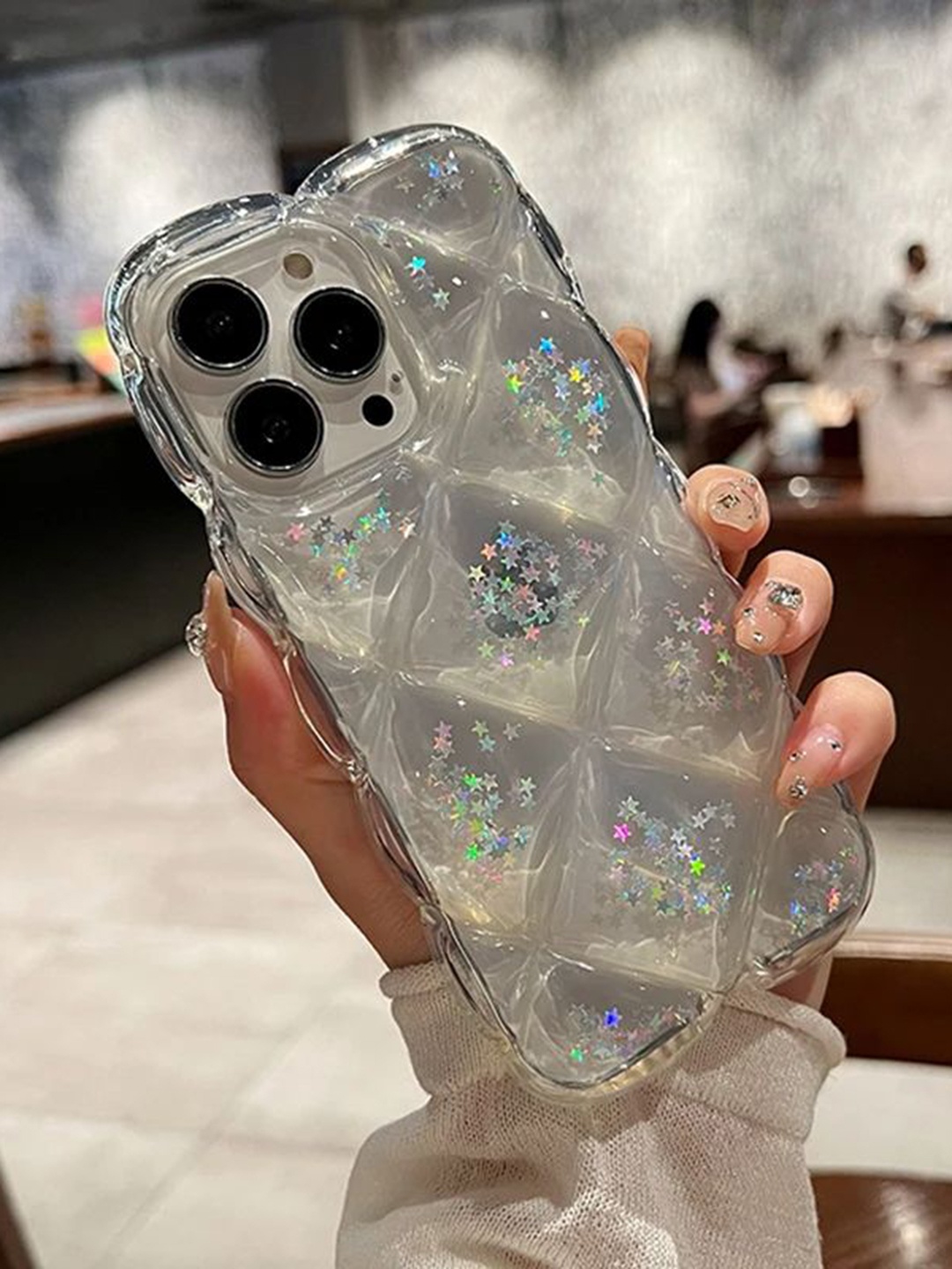 

Luxury Kase Lk131 Wavy Edge Shiny Glitter Star iPhone 13 Pro Max Back Case, Transparent