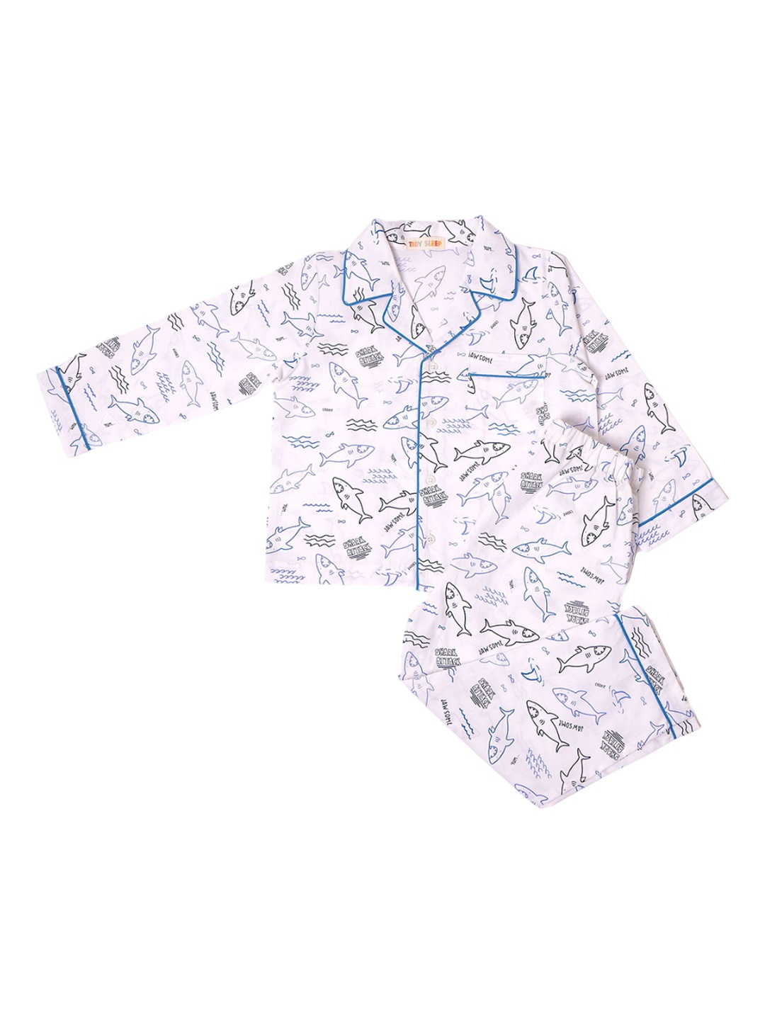 

TIDY SLEEP Boys Printed Pure Cotton Lapel Collar Night suit, White