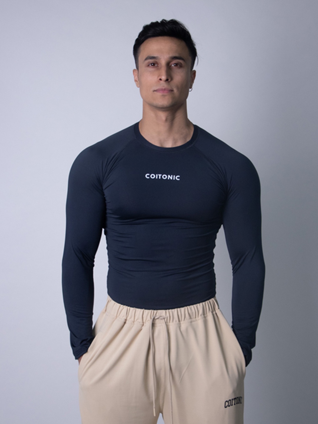 

Coitonic Men Typography Printed Long Sleeves Compression Tshirt, Navy blue