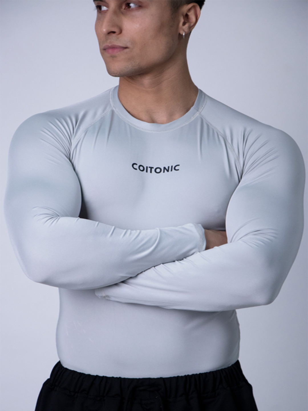 

Coitonic Men Typography Printed Long Sleeves Compression Tshirt, Grey