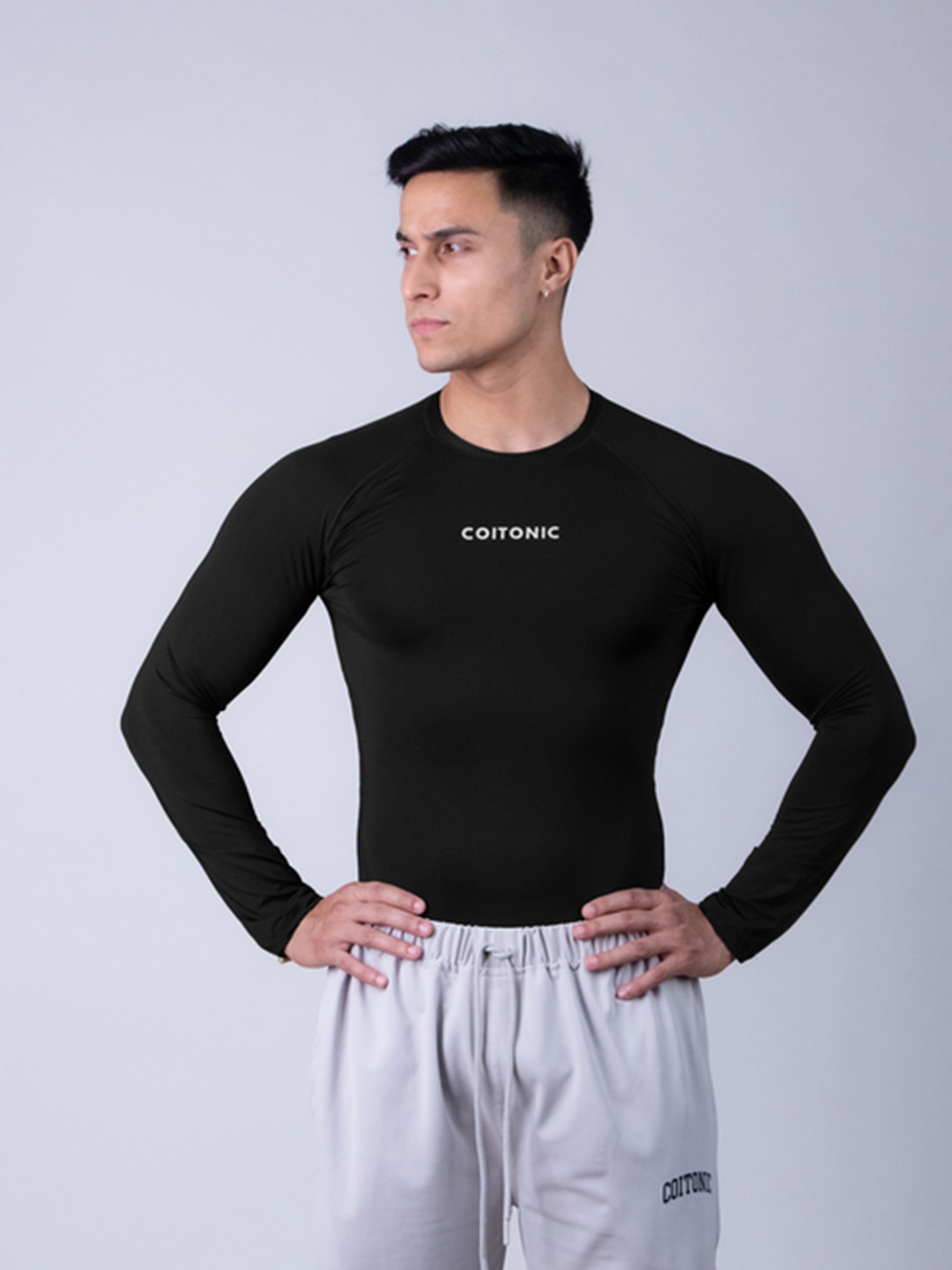 Coitonic Men Typography Printed Long Sleeves Compression Tshirt, Black
