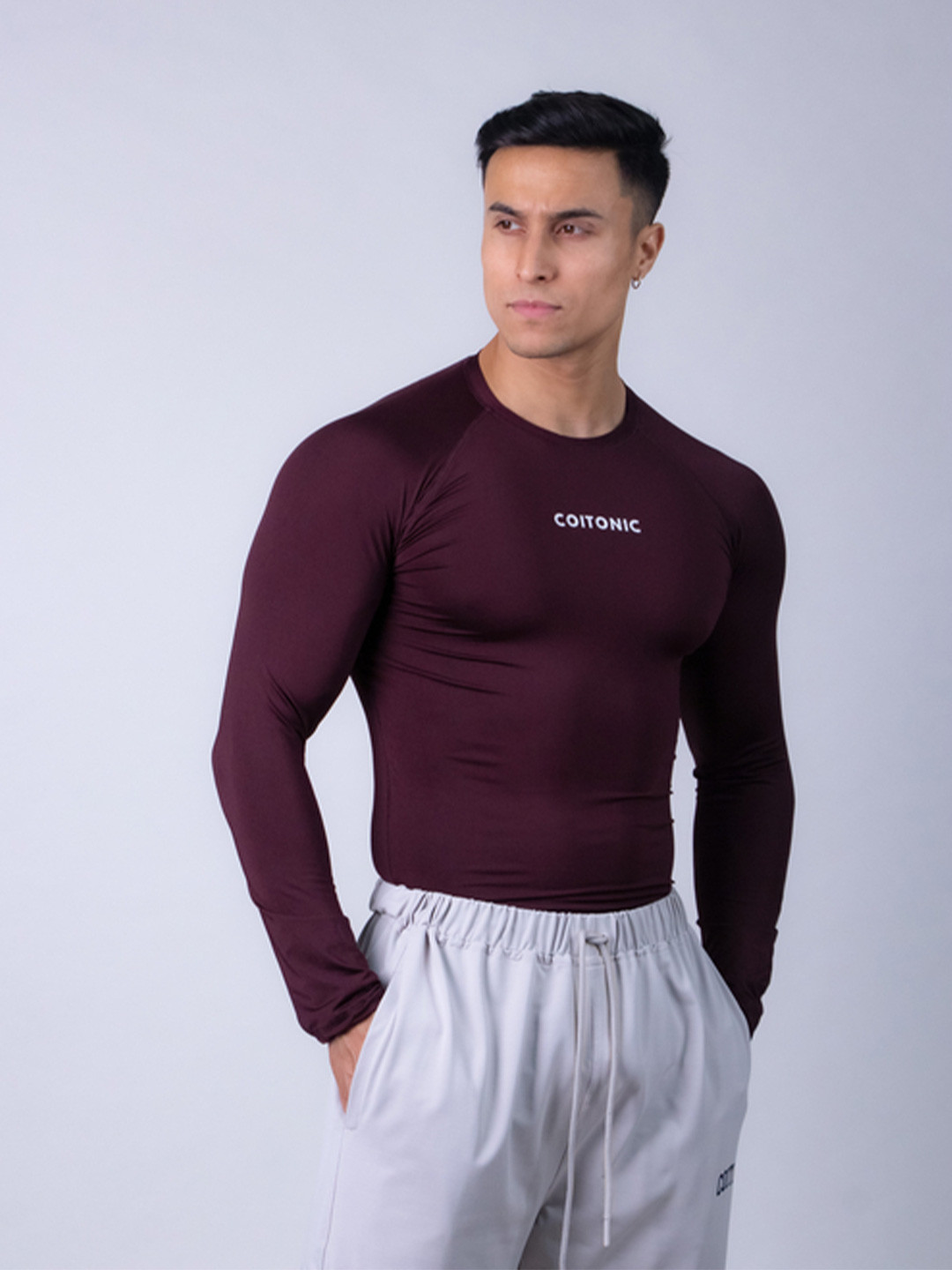 

Coitonic Men Typography Printed Long Sleeves Compression Tshirt, Burgundy