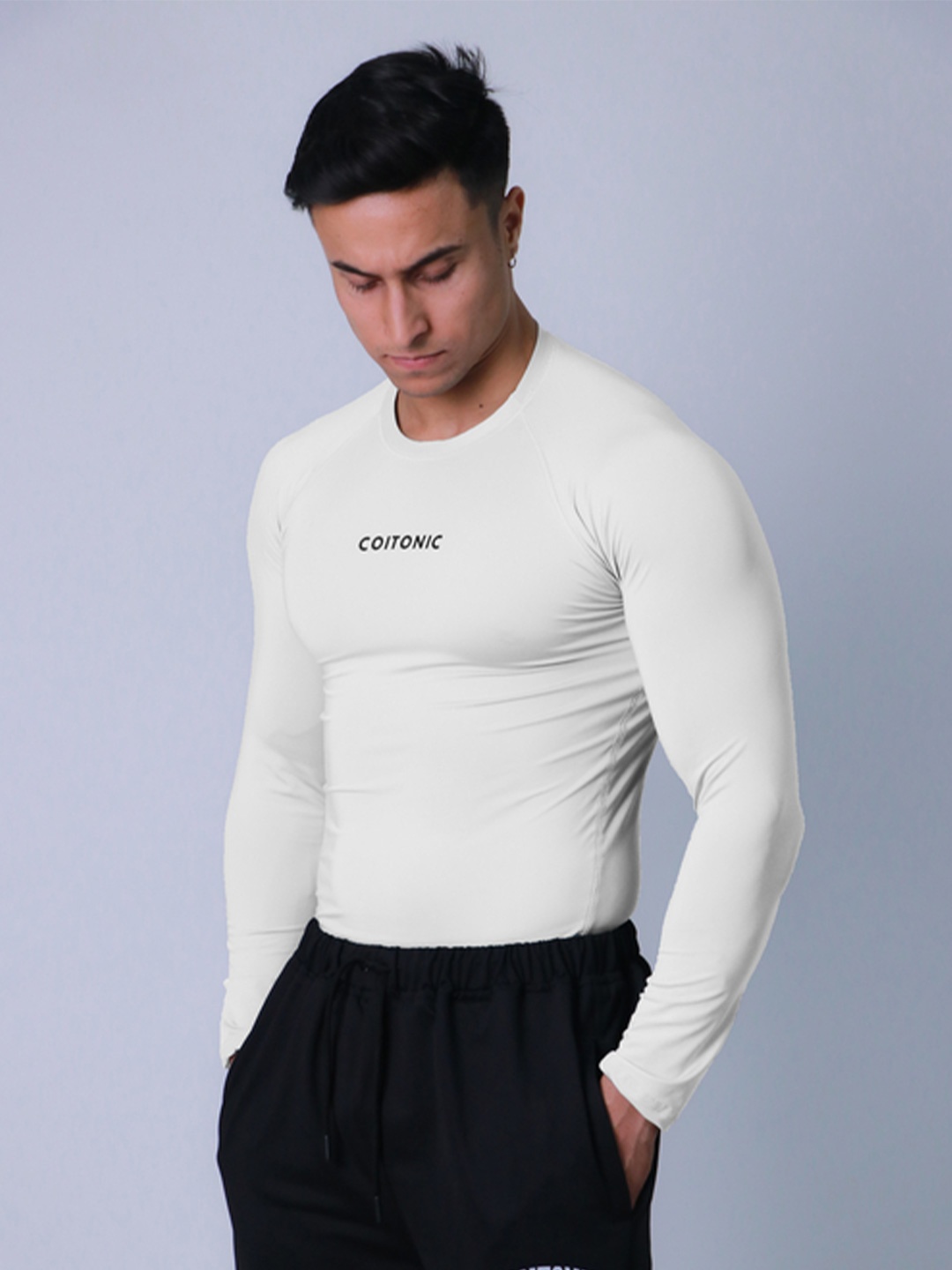 

Coitonic Men Typography Printed Long Sleeves Compression Tshirt, White