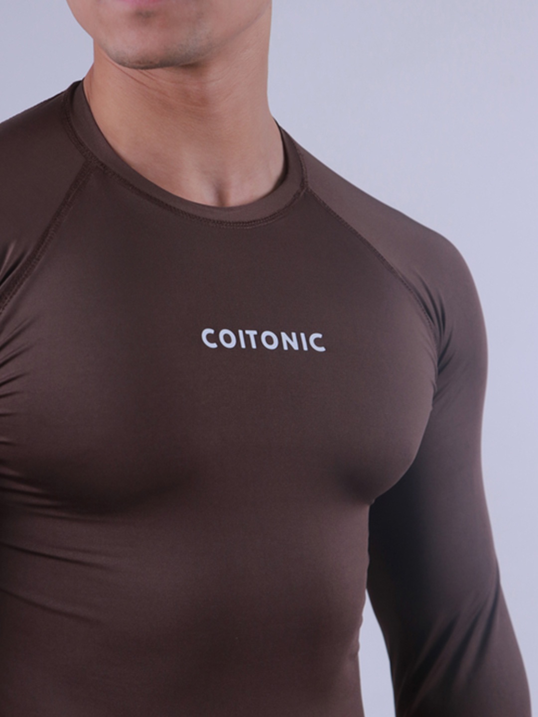 

Coitonic Men Typography Printed Long Sleeves Compression Tshirt, Brown
