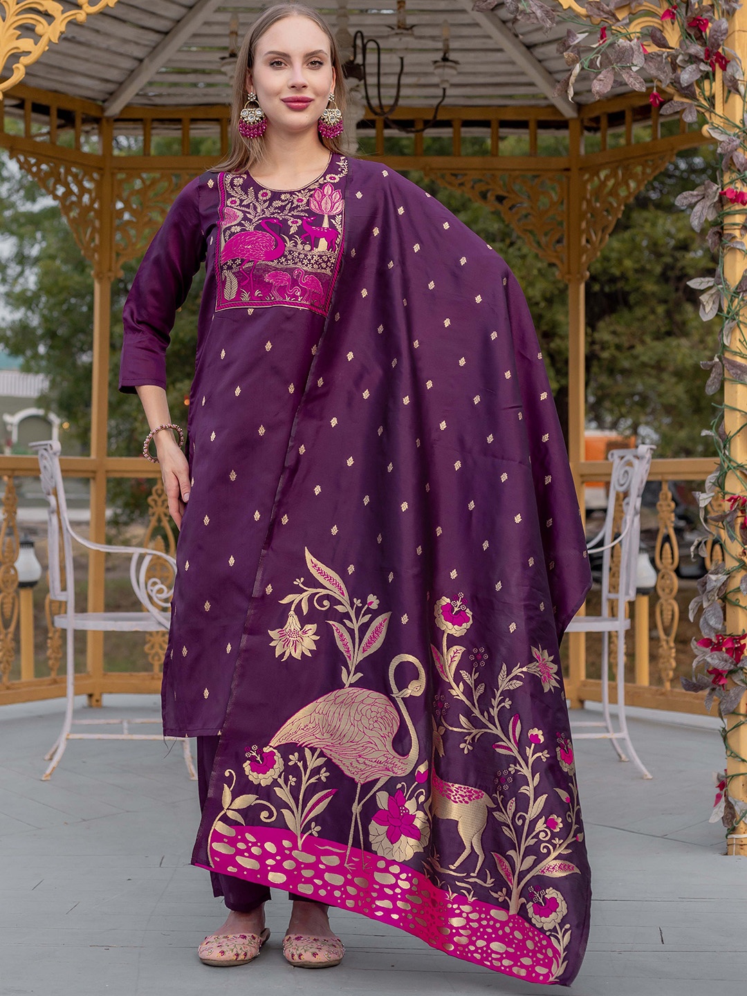 

Rujave Floral Woven Design Round Neck Straight Kurta With Trousers & Dupatta, Purple