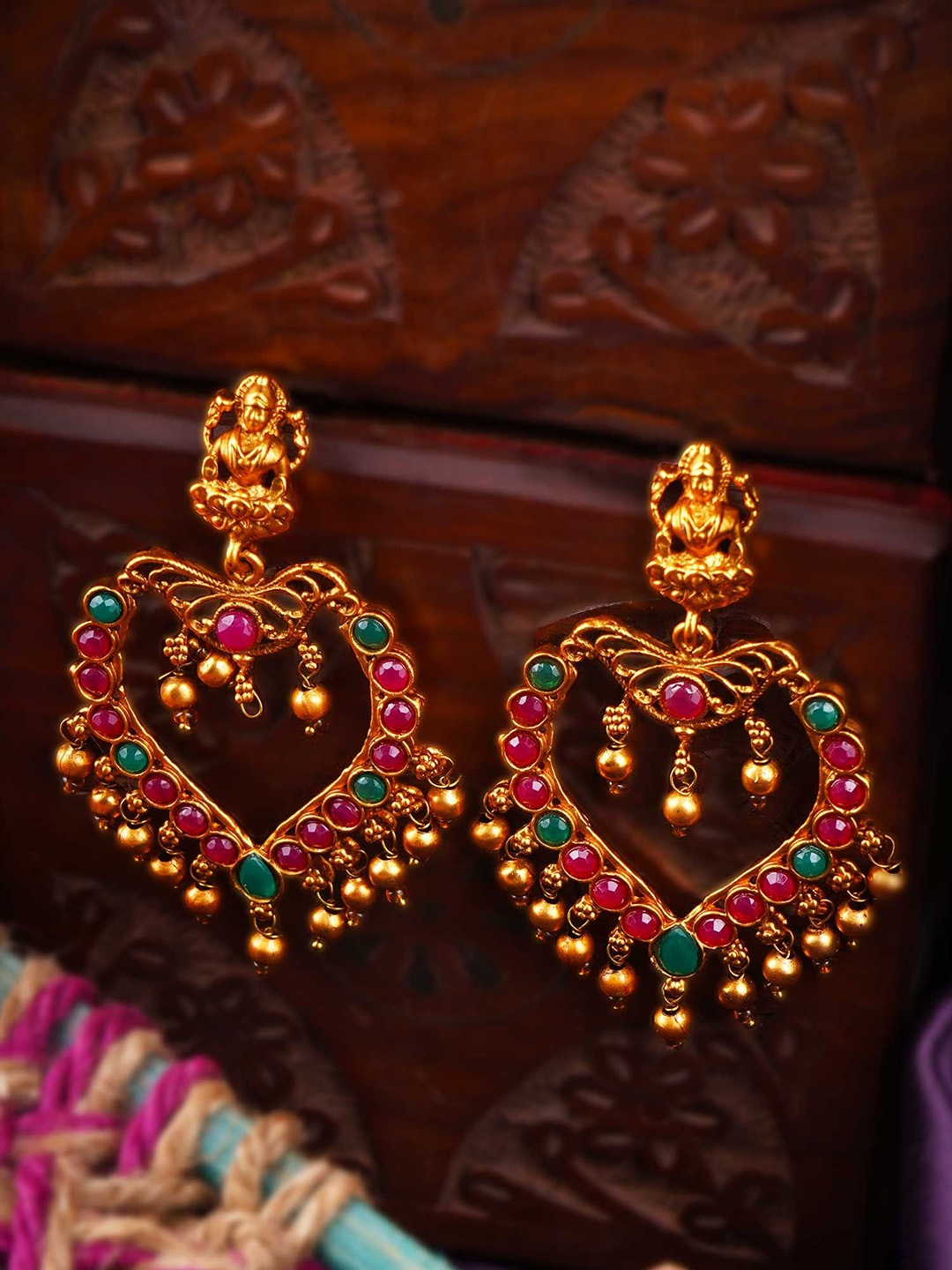 

Adwitiya Collection Gold-Plated Goddess Laxmi Stones Studded Classic Drop Earrings