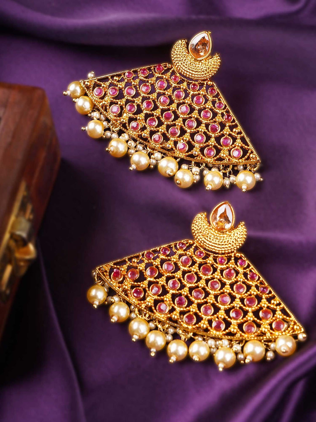 

Adwitiya Collection 24k Gold-Plated Stone Studded Contemporary Shaped Drop Earrings