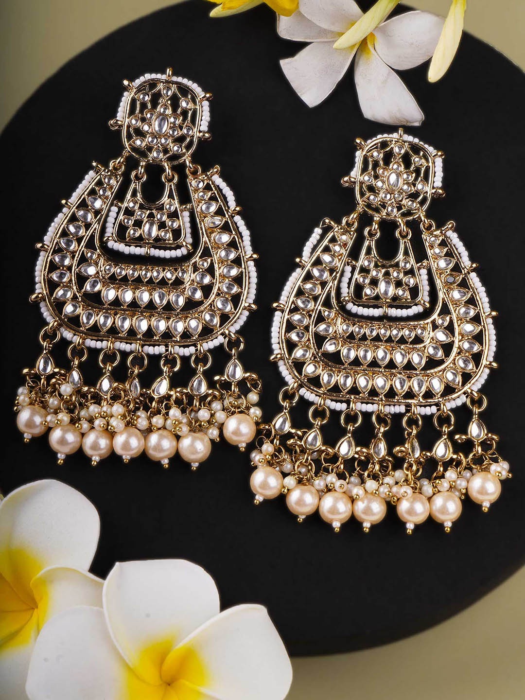 

Adwitiya Collection Gold-Plated Stone-Studed And Beaded Contemporary Drop Earrings