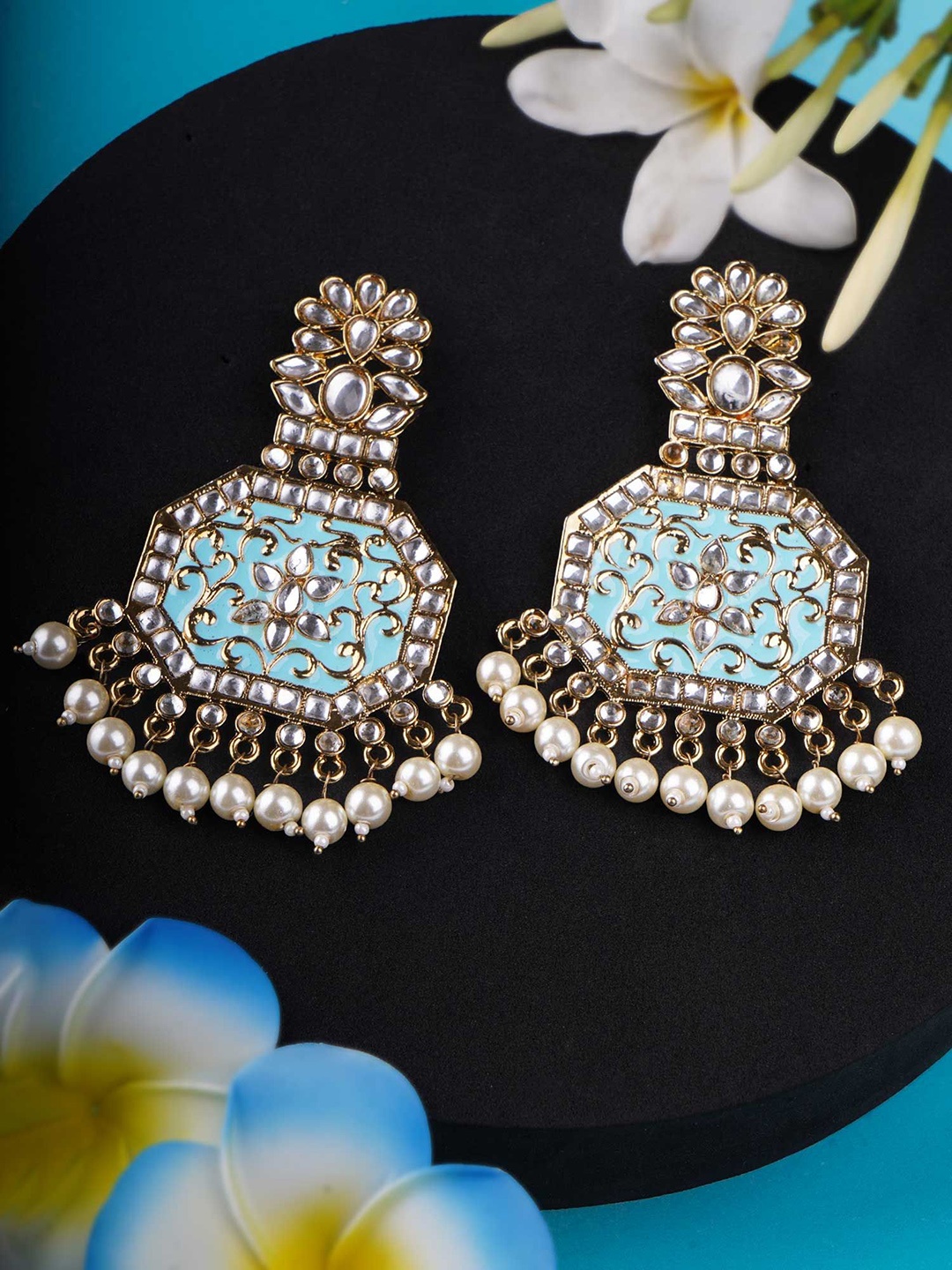 

Adwitiya Collection Gold-Plated Stones Studded & Beaded Contemporary Shaped Drop Earrings