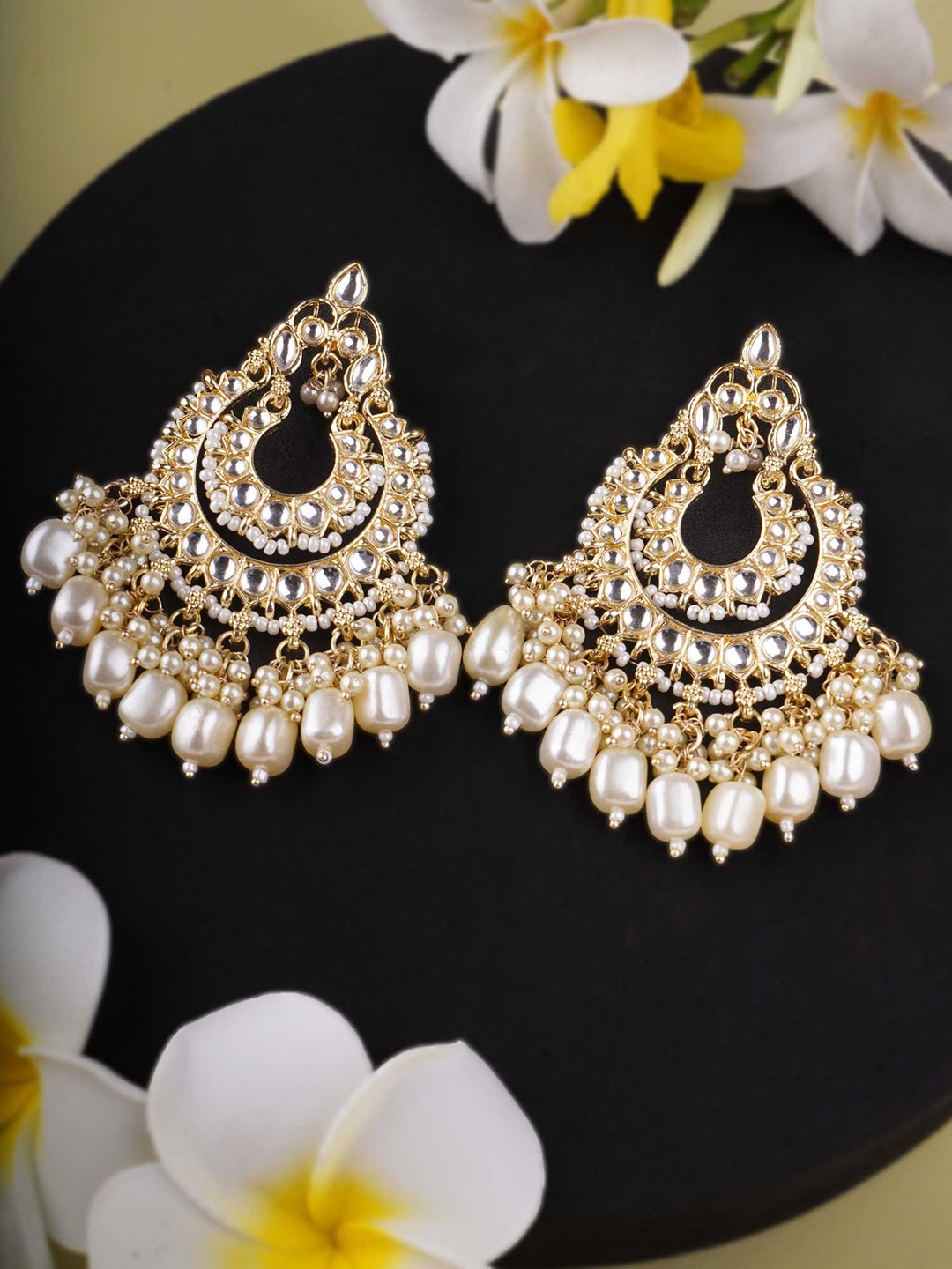 

Adwitiya Collection Gold-Plated Artificical Stones Studded & Beaded Classic Drop Earrings