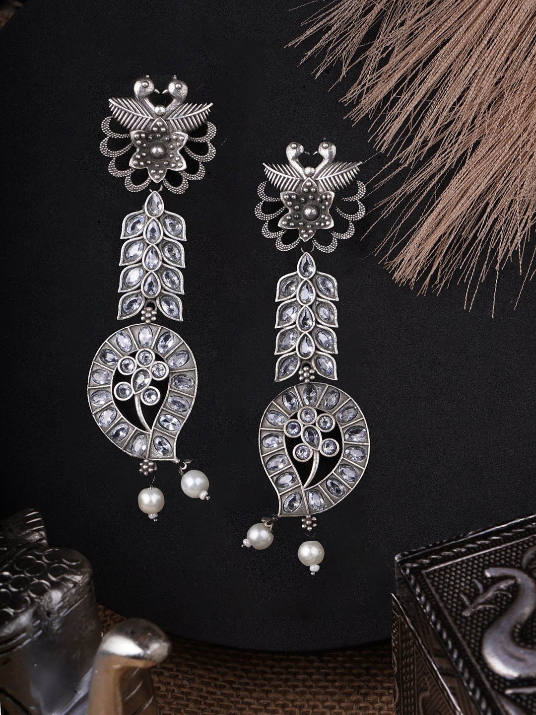 

Adwitiya Collection Silver-Plated Stones and Beaded Classic Shaped Oxidised Drop Earrings