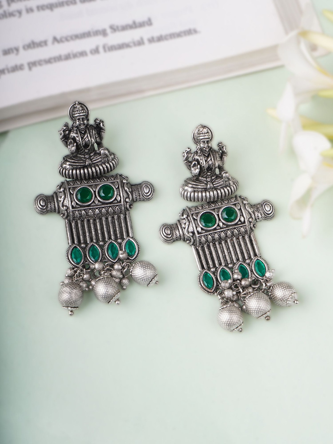 

Adwitiya Collection Silver-Plated Stones Studded & Beaded Oxidised Drop Earrings