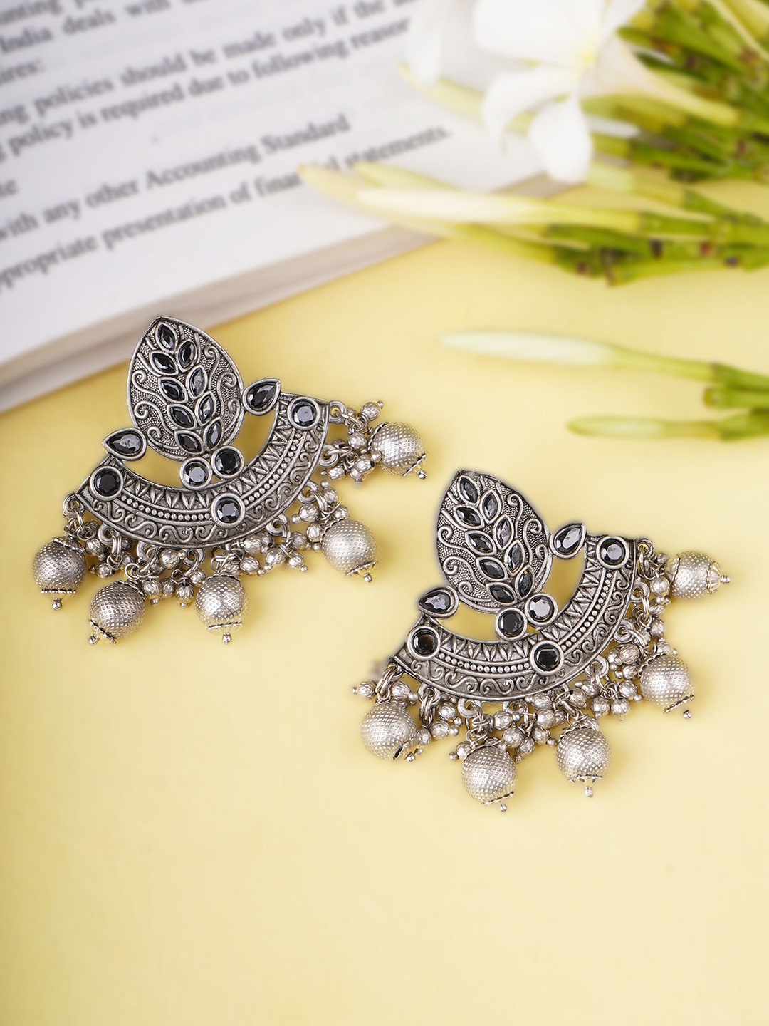 

Adwitiya Collection Silver-Plated Stone Studded Classic Oxidised Drop Earrings
