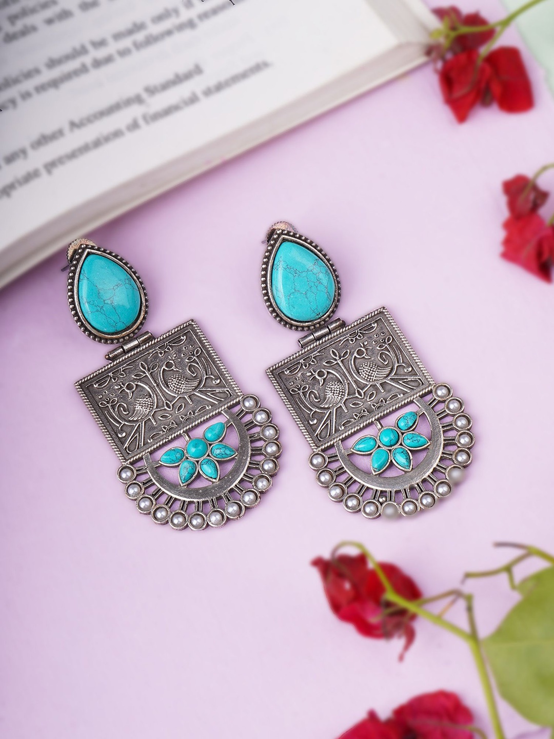 

Adwitiya Collection Silver-Plated Artificial Stones Studded & Beaded Classic Drop Earrings