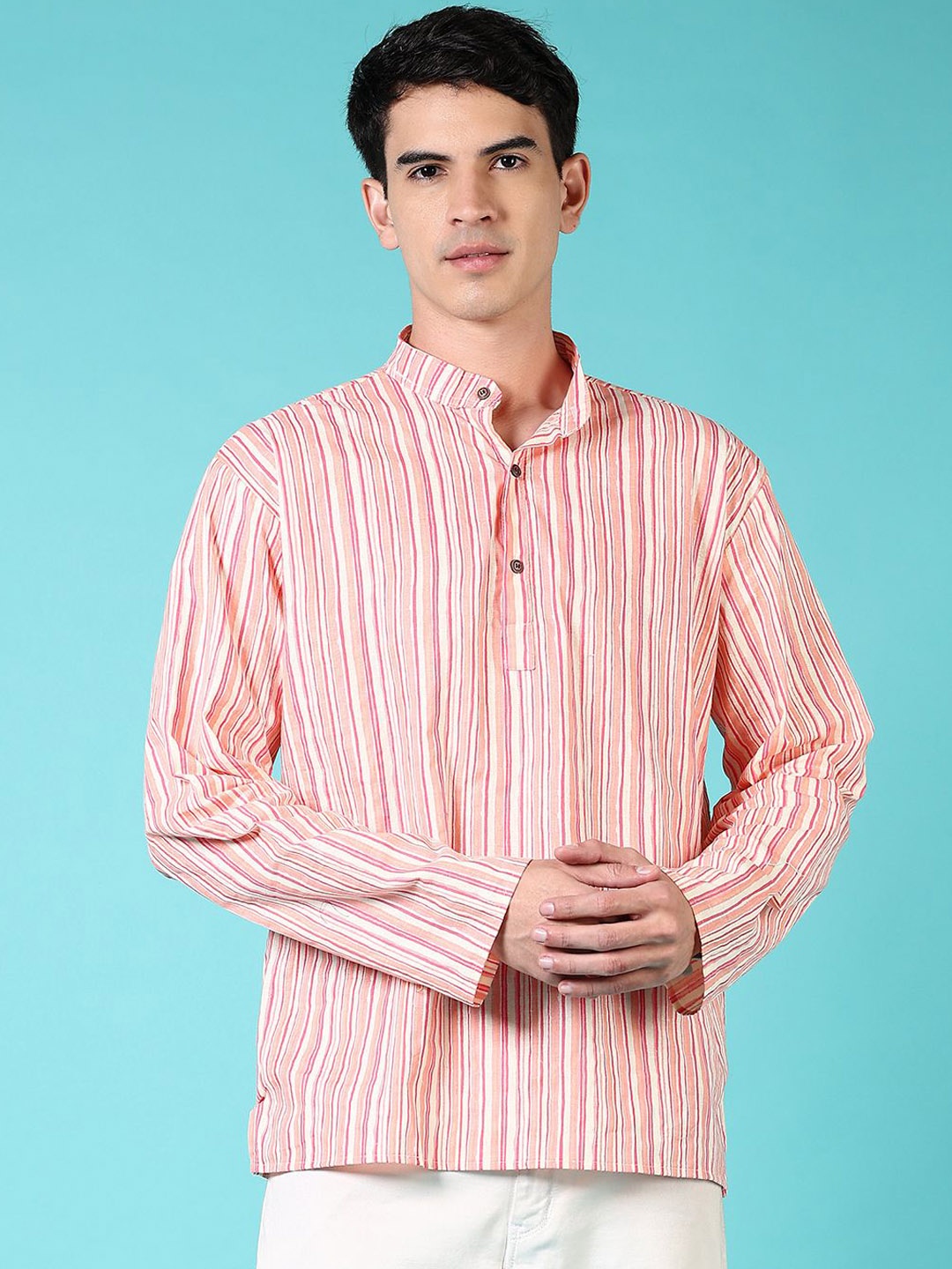 

V-Mart Striped Band Collar Cotton Straight Kurta, Red