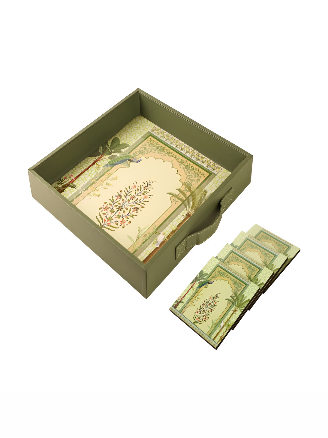 

BIRCH & CO. Green & Pink 5 Pieces Floral Printed Wooden Serving Tray With Coasters