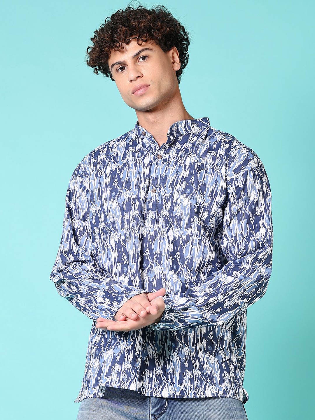 

V-Mart Abstract Printed Band Collar Cotton Straight Kurta, Blue