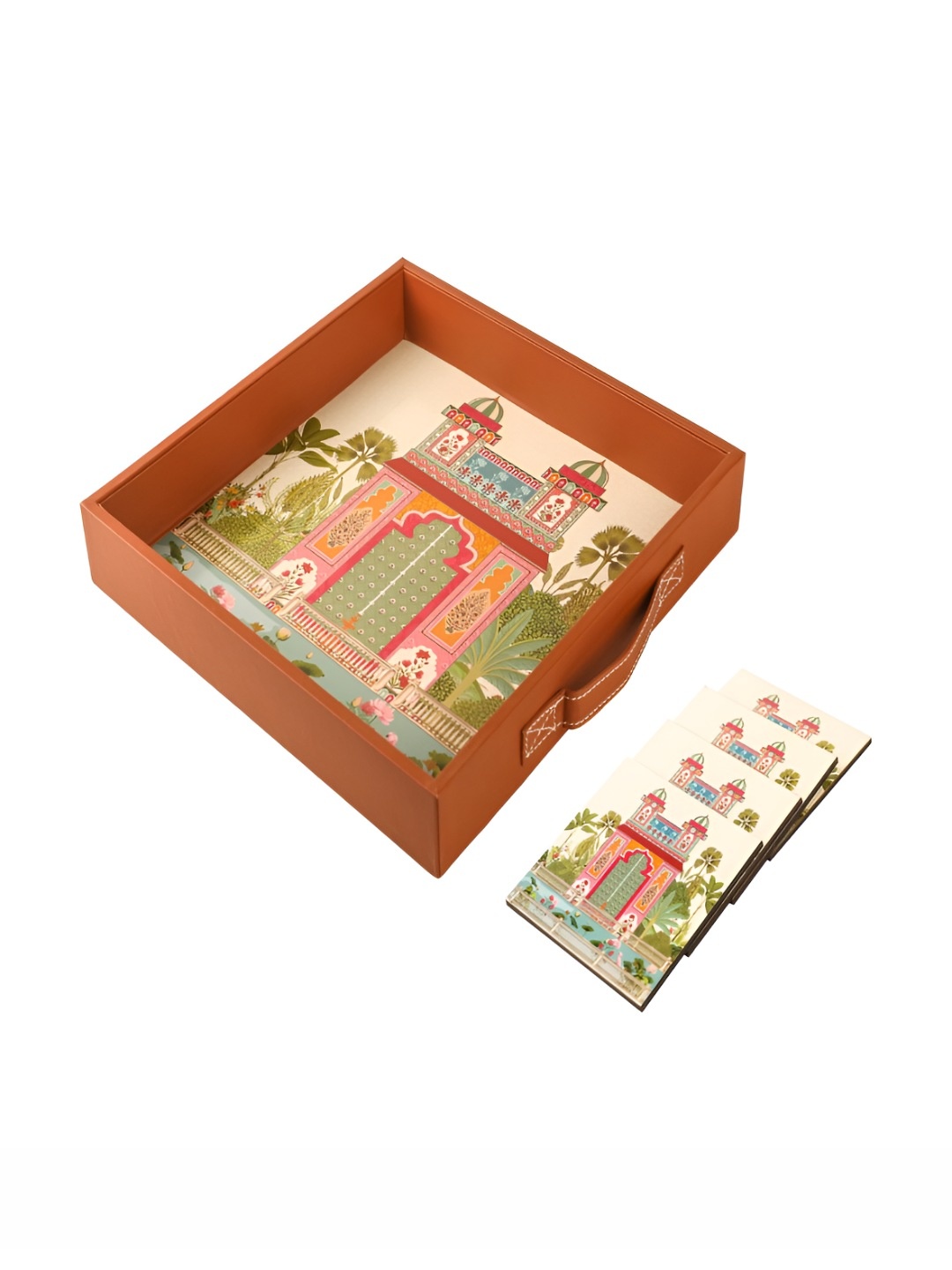 

BIRCH & CO. Red & Green 5 Pcs Ethnic Motifs Printed Serving Tray With Coasters