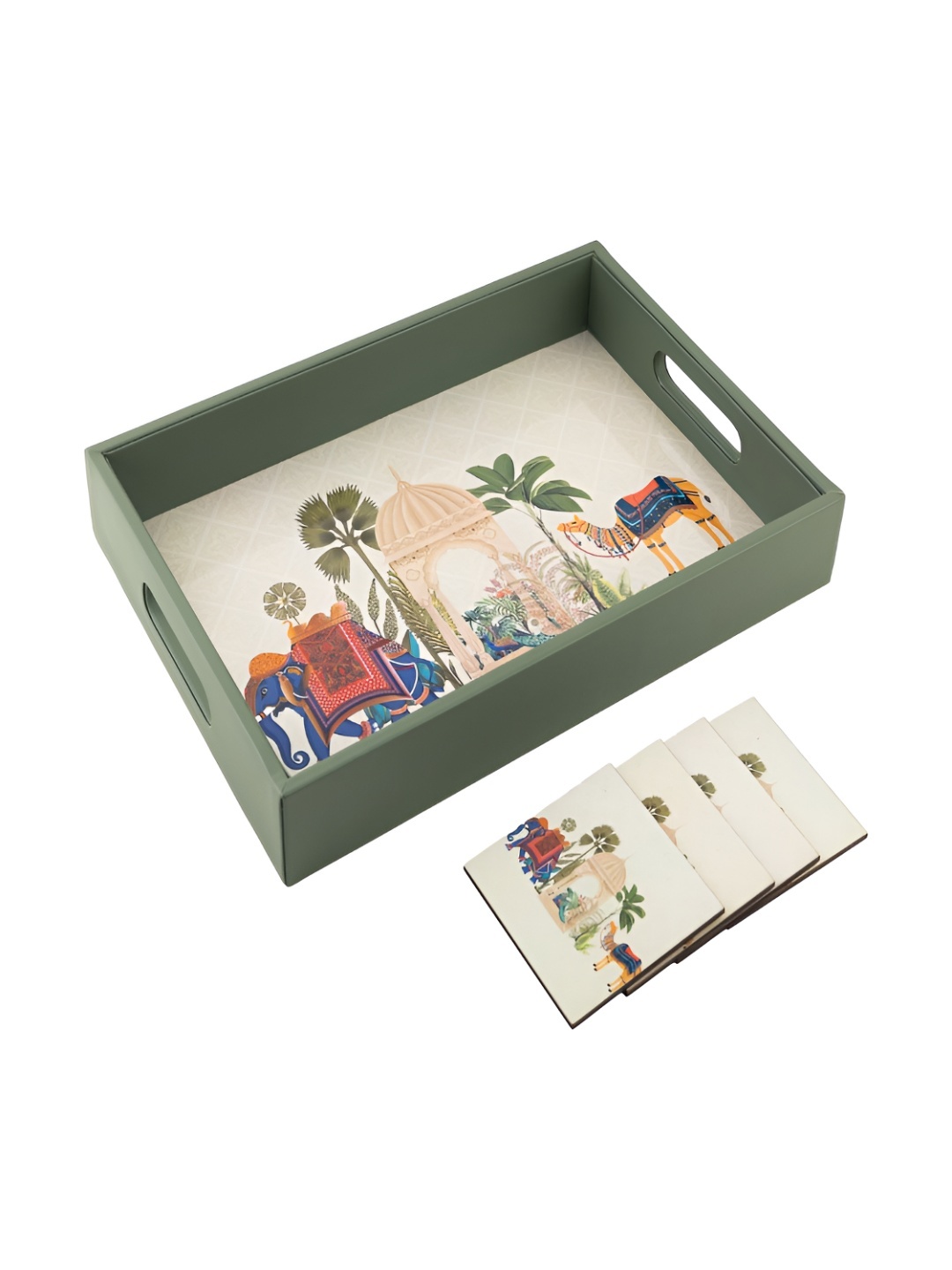 

BIRCH & CO. Green & Pink 5 Pcs Ethnic Motifs Printed Serving Tray With Coasters