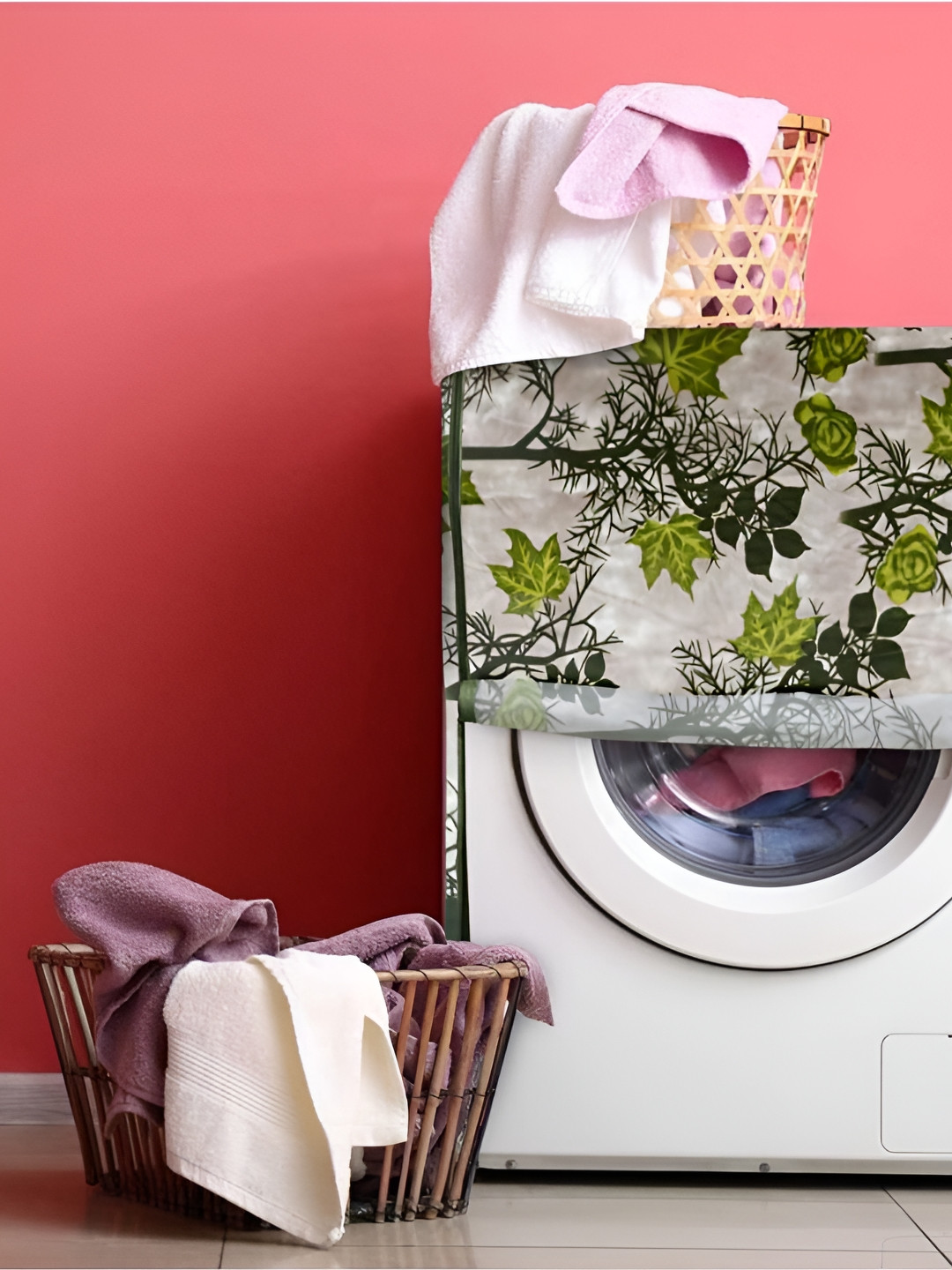 

Dakshya Industries White & Green Leaf Printed Washing Machine Cover