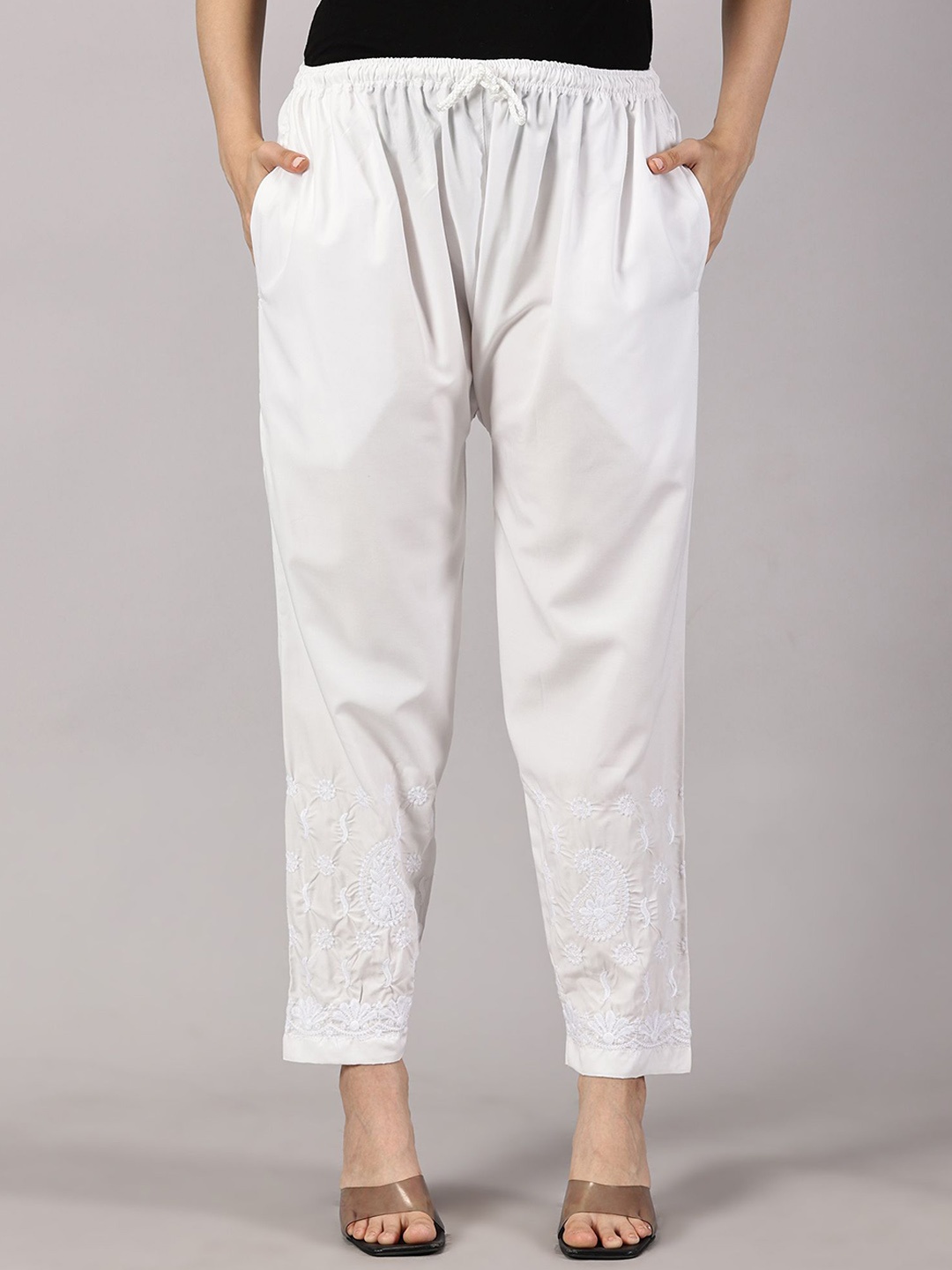 

Fashionable Chikan Handikraft Women Embroidered Tailored Trouser, White