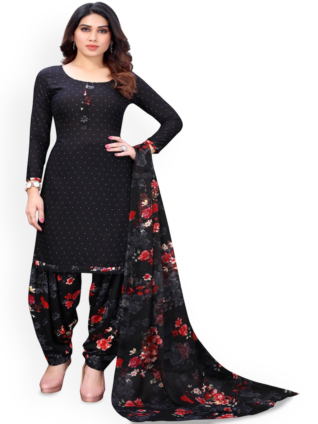 

Salya Sila Polka Dot Printed Unstitched Dress Material, Black