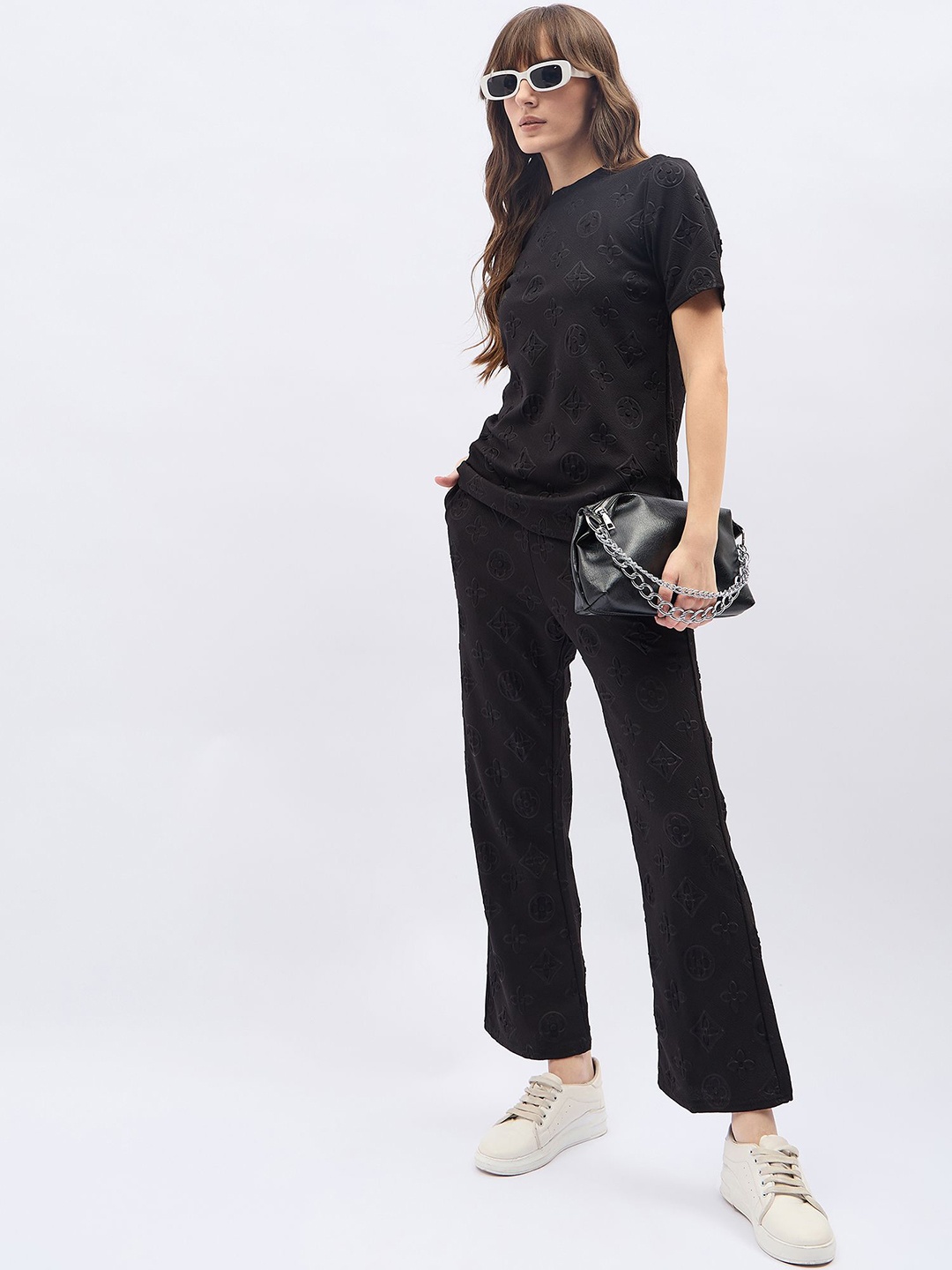 

DressBerry Printed Round Neck T-Shirt With Trousers Co-Ords Set, Black