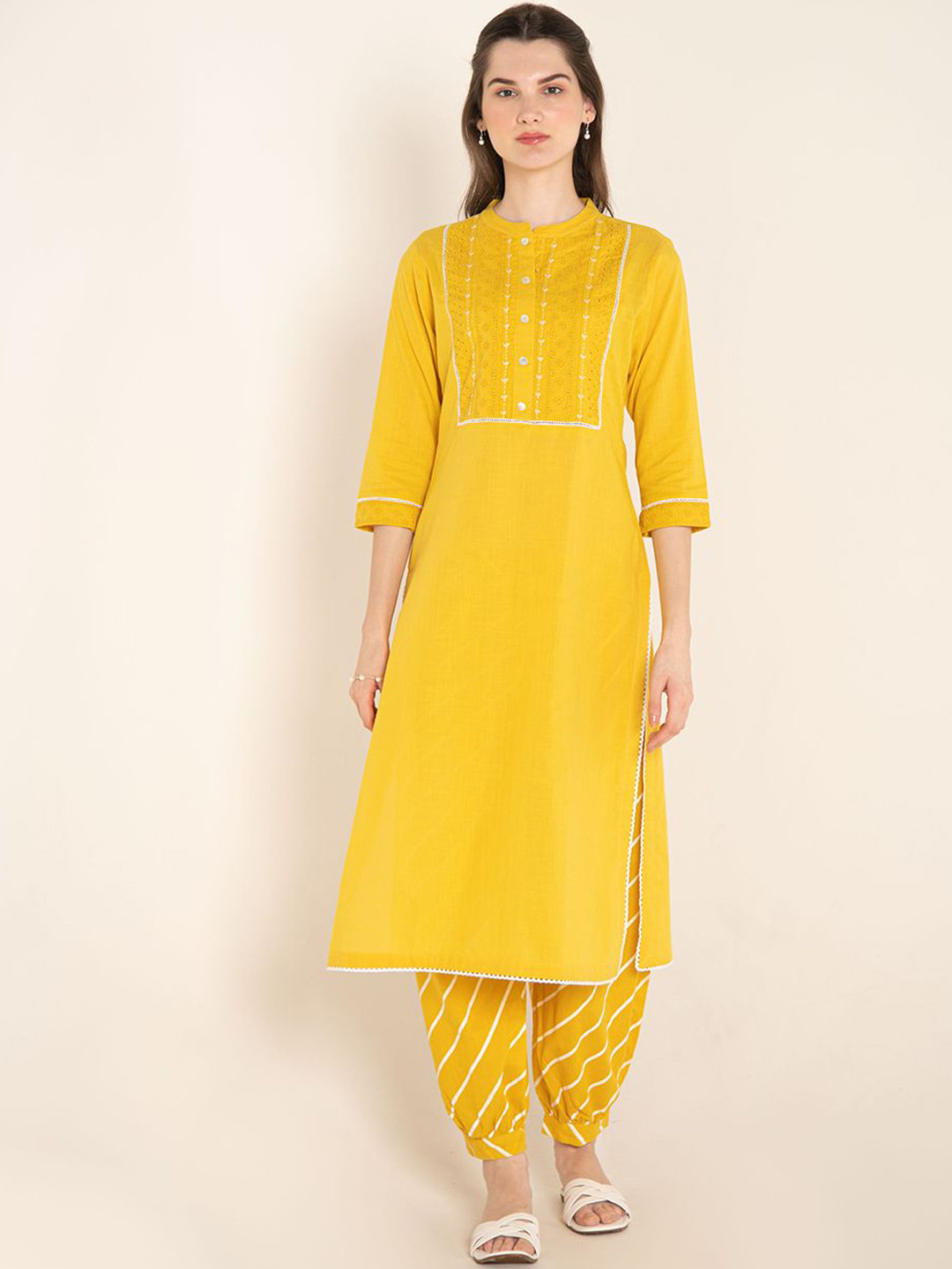 

Ekohum Floral Yoke Design Regular Thread Work Pure Cotton Kurta With Salwar, Yellow