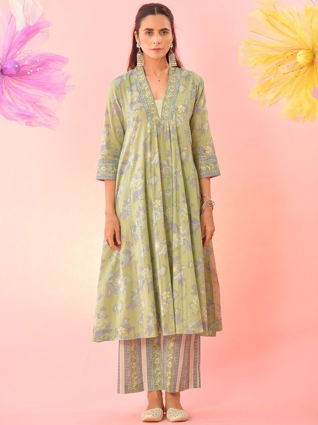 

Ekohum Floral Printed Pleated Mirror Work Pure Cotton A-Line Kurta With Palazzo, Green