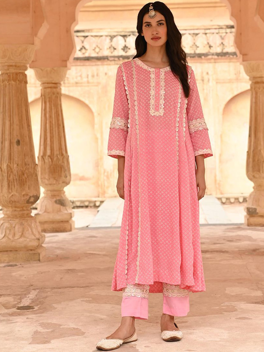 

Ekohum Bandhani Printed Panelled Thread Work A-Line Kurta With Trouser, Pink