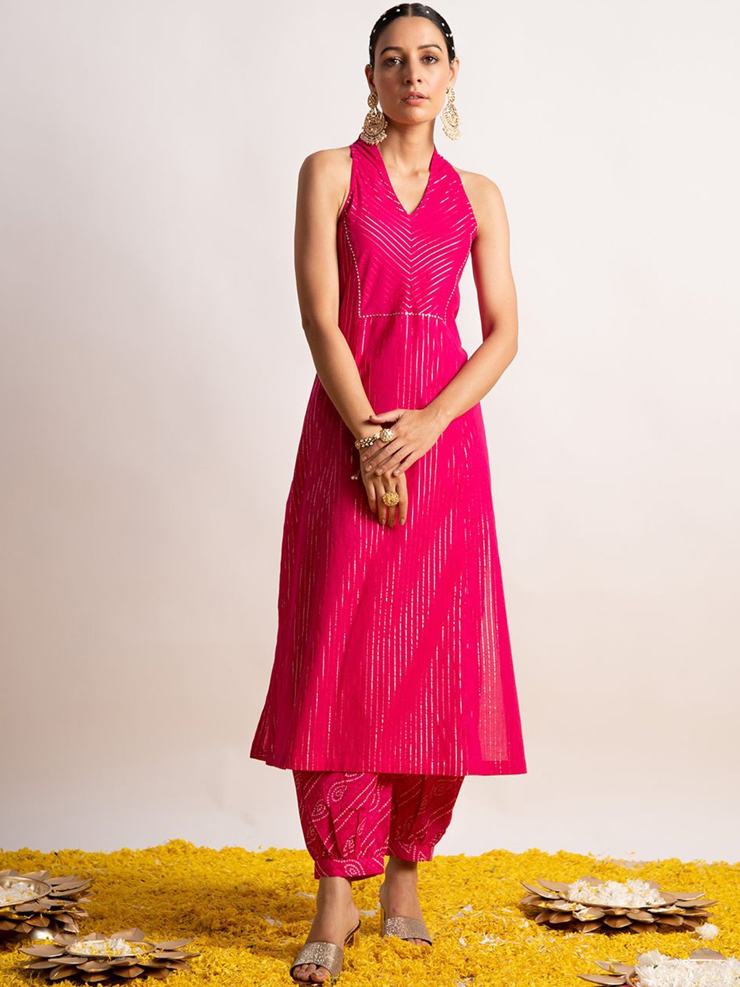

Ekohum Striped V-Neck Sleeveless Sequinned Straight Kurta With Salwar, Pink