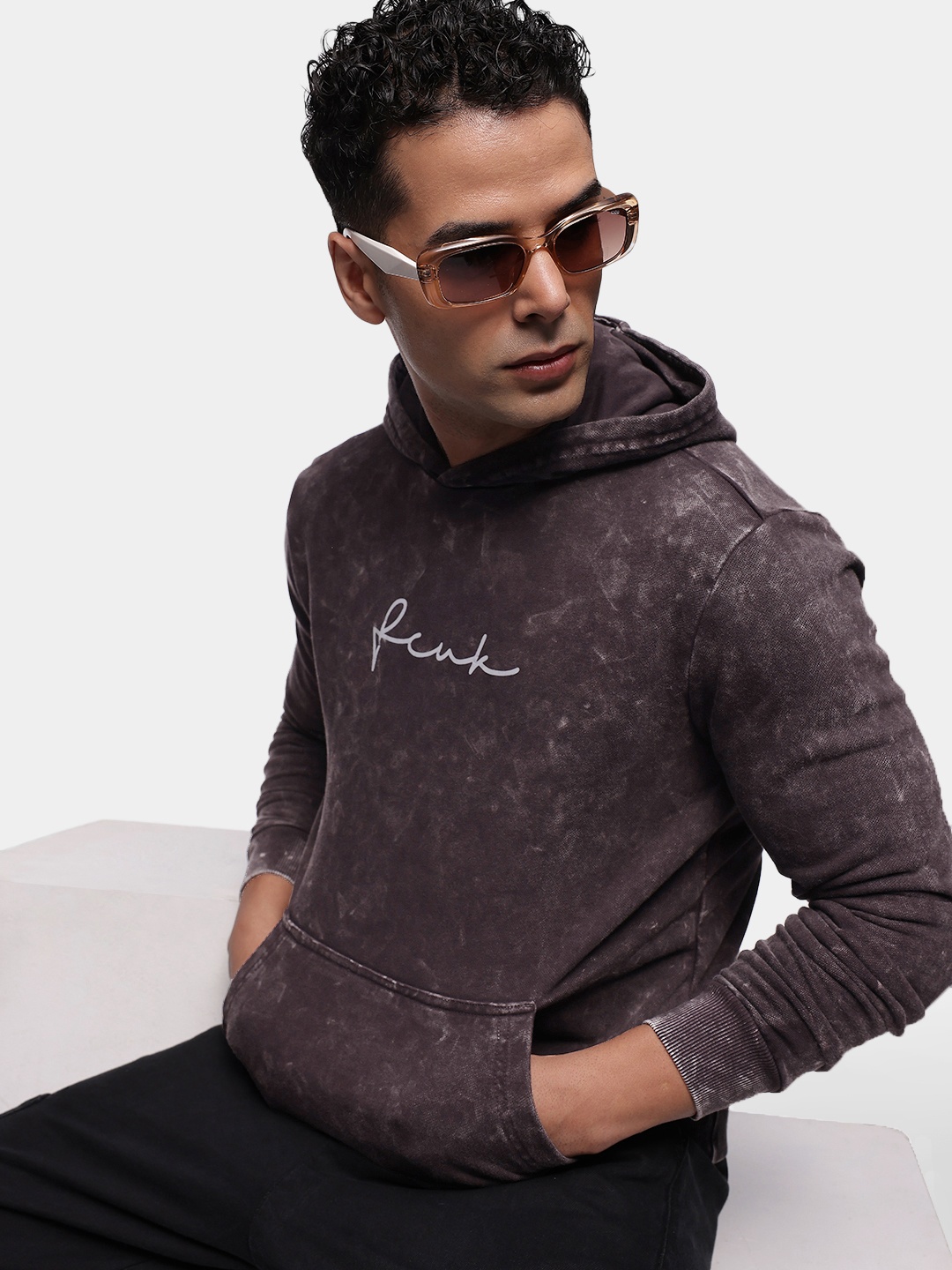 

FCUK Acid Wash Printed Hooded Sweatshirt, Coffee brown
