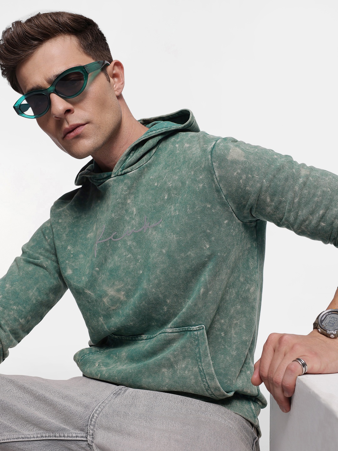 

FCUK Acid Wash Printed Hooded Sweatshirt, Green