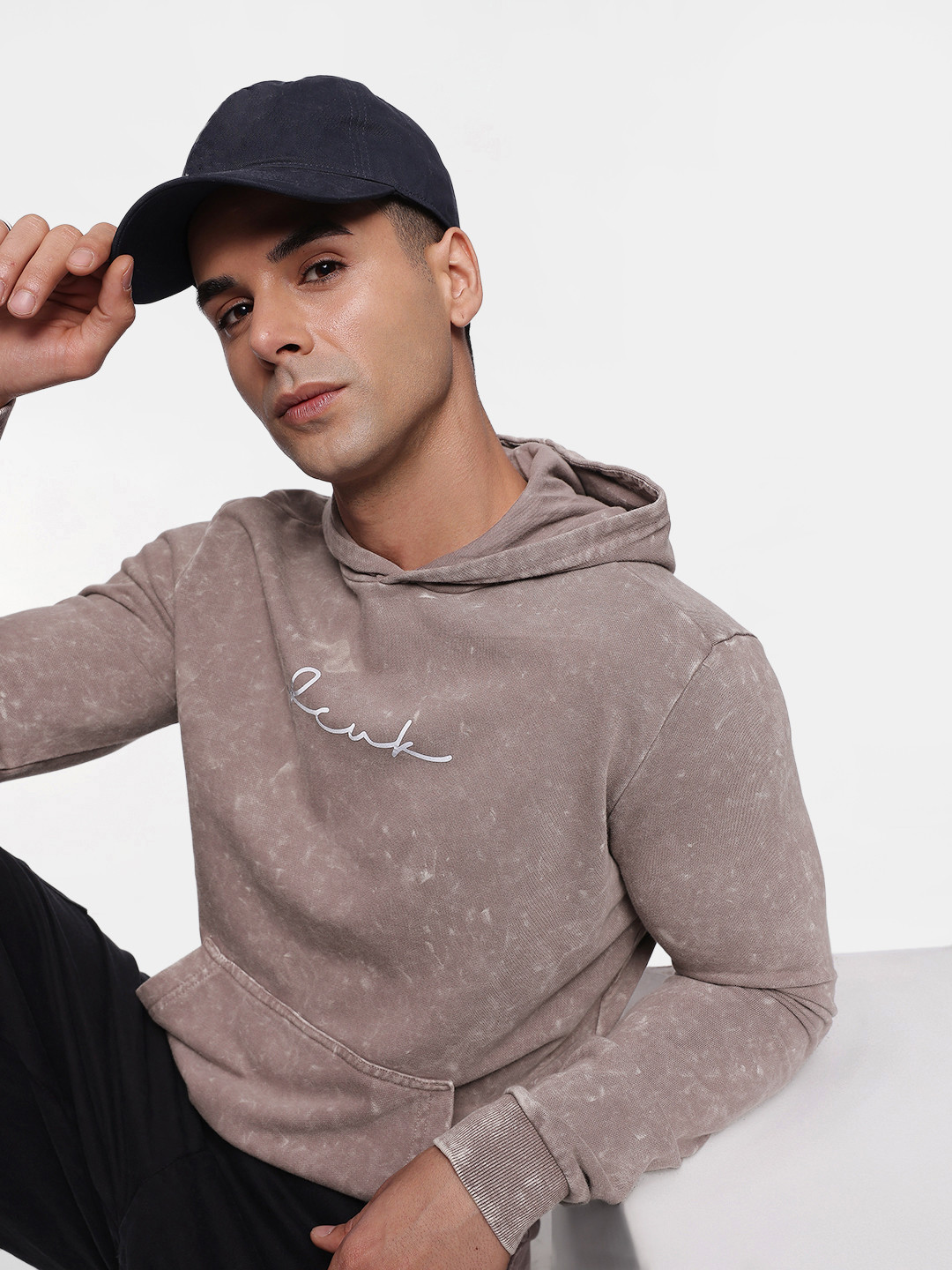 

FCUK Acid Wash Printed Hooded Sweatshirt, Taupe
