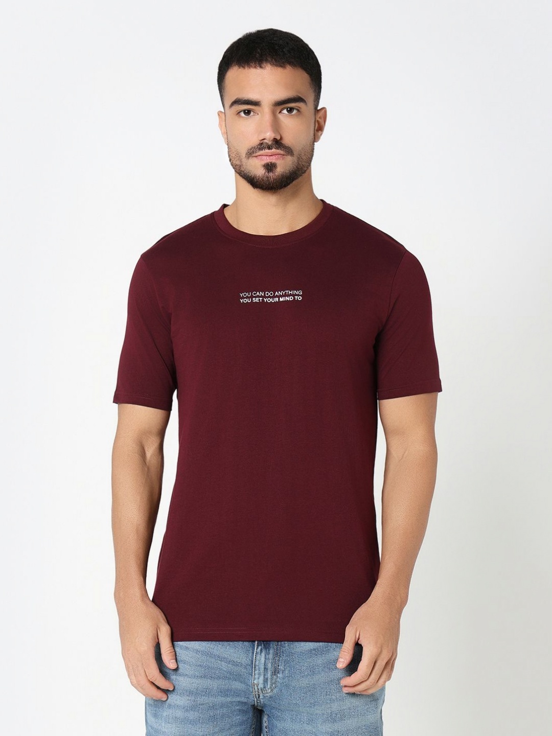 

R&B Men Typography Printed Round Neck Cotton Slim Fit T-shirt, Maroon
