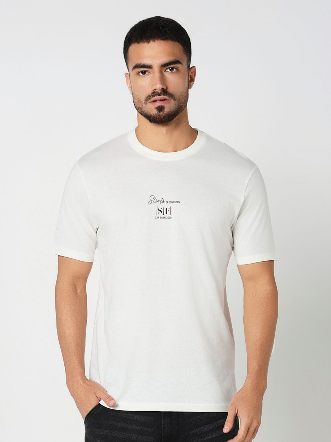 

R&B Men Typography Printed Round Neck Cotton T-shirt, White