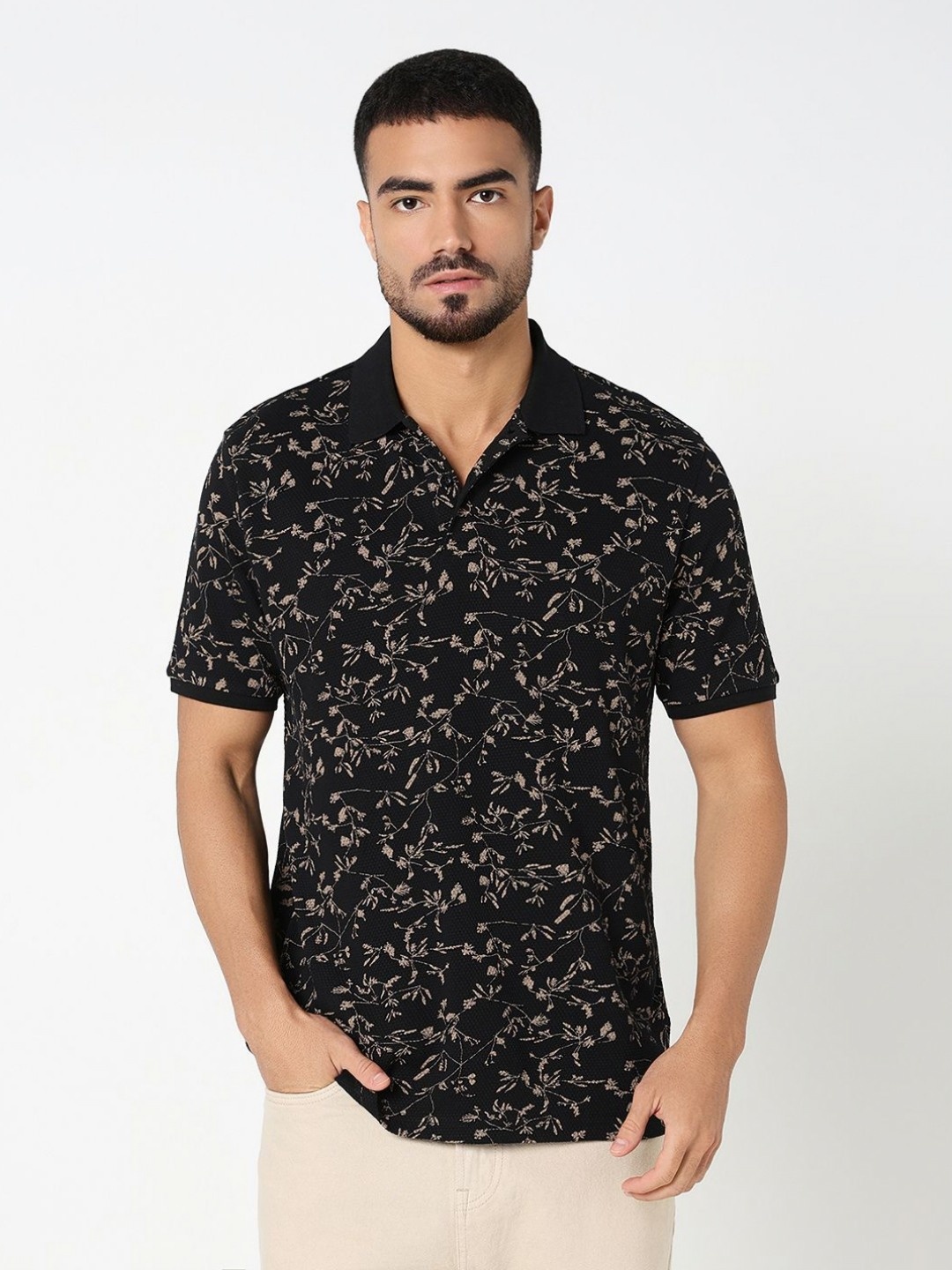 

R&B Men Floral Printed Polo Collar Cotton T-shirt, Black