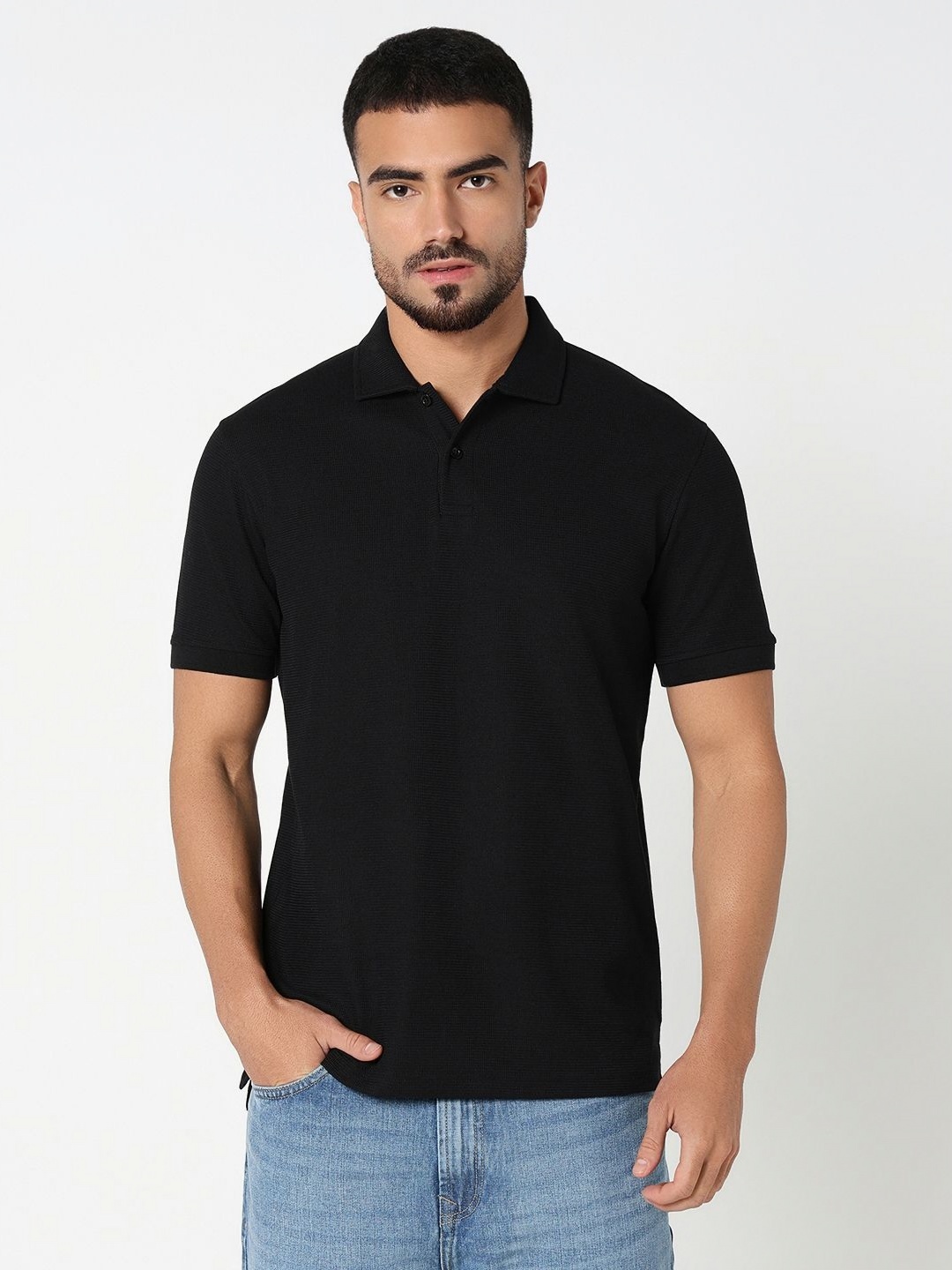 

R&B Men Solid Polo Collar Cotton T-shirt, Black