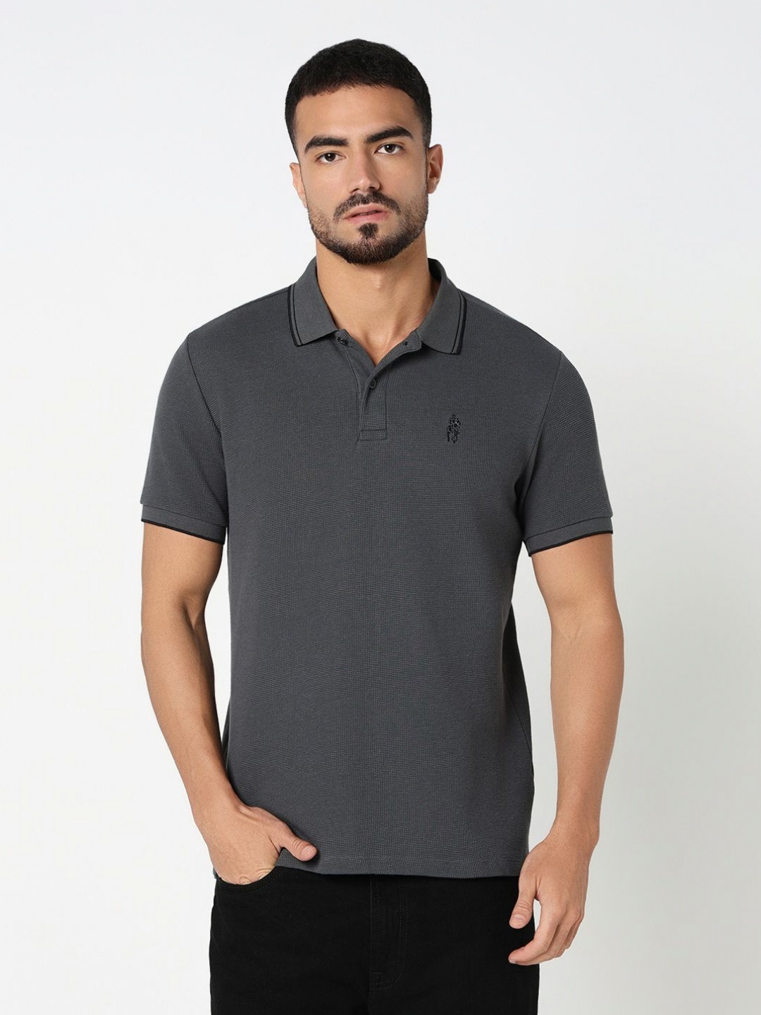 

R&B Men Solid Polo Collar Cotton T-shirt, Grey