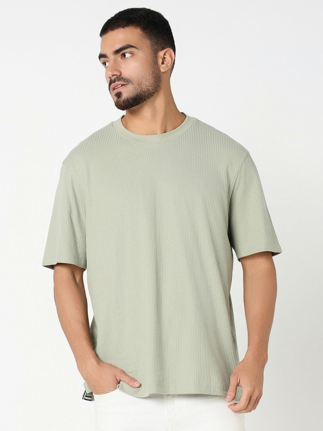 

R&B Men Solid Round Neck Cotton Relaxed Fit T-shirt, Green