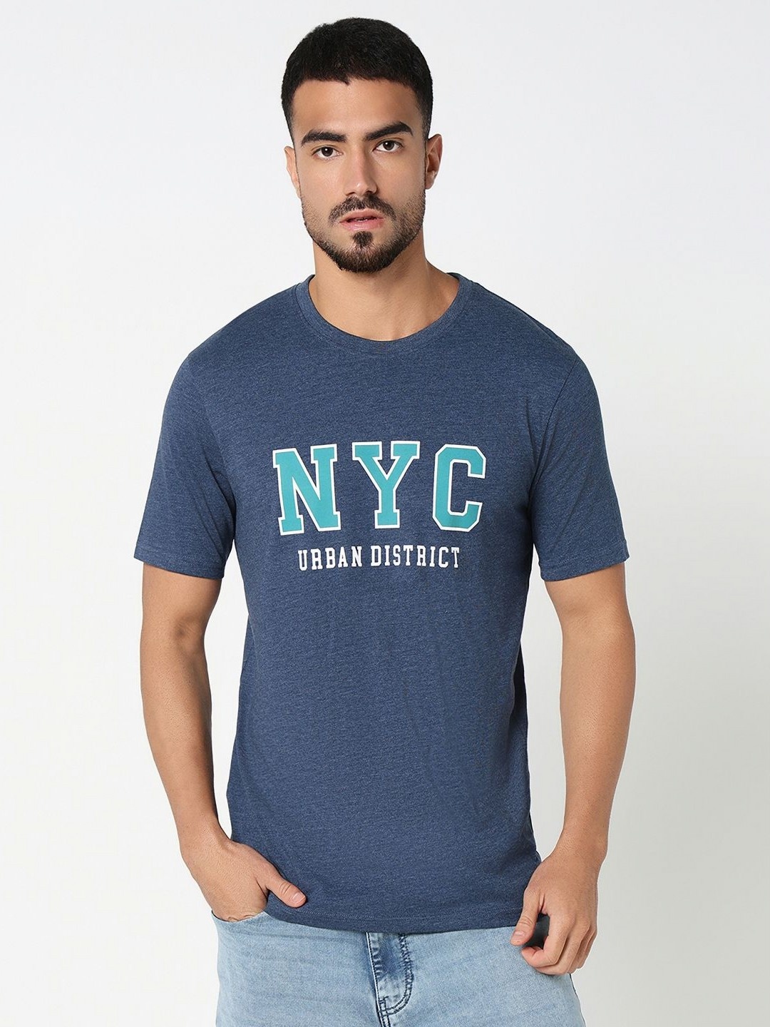 

R&B Men Typography Printed Round Neck Cotton Slim Fit T-shirt, Blue