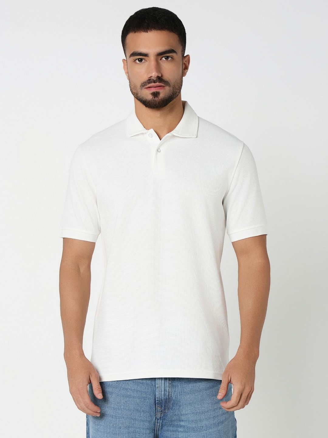 

R&B Men Solid Polo Collar Cotton T-shirt, White