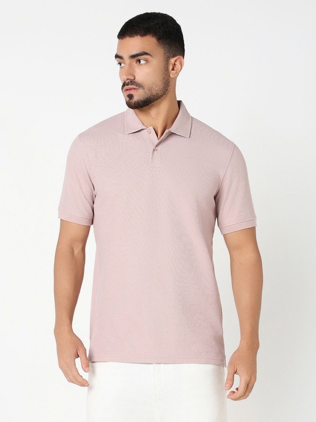 

R&B Men Solid Polo Collar Cotton T-shirt, Pink