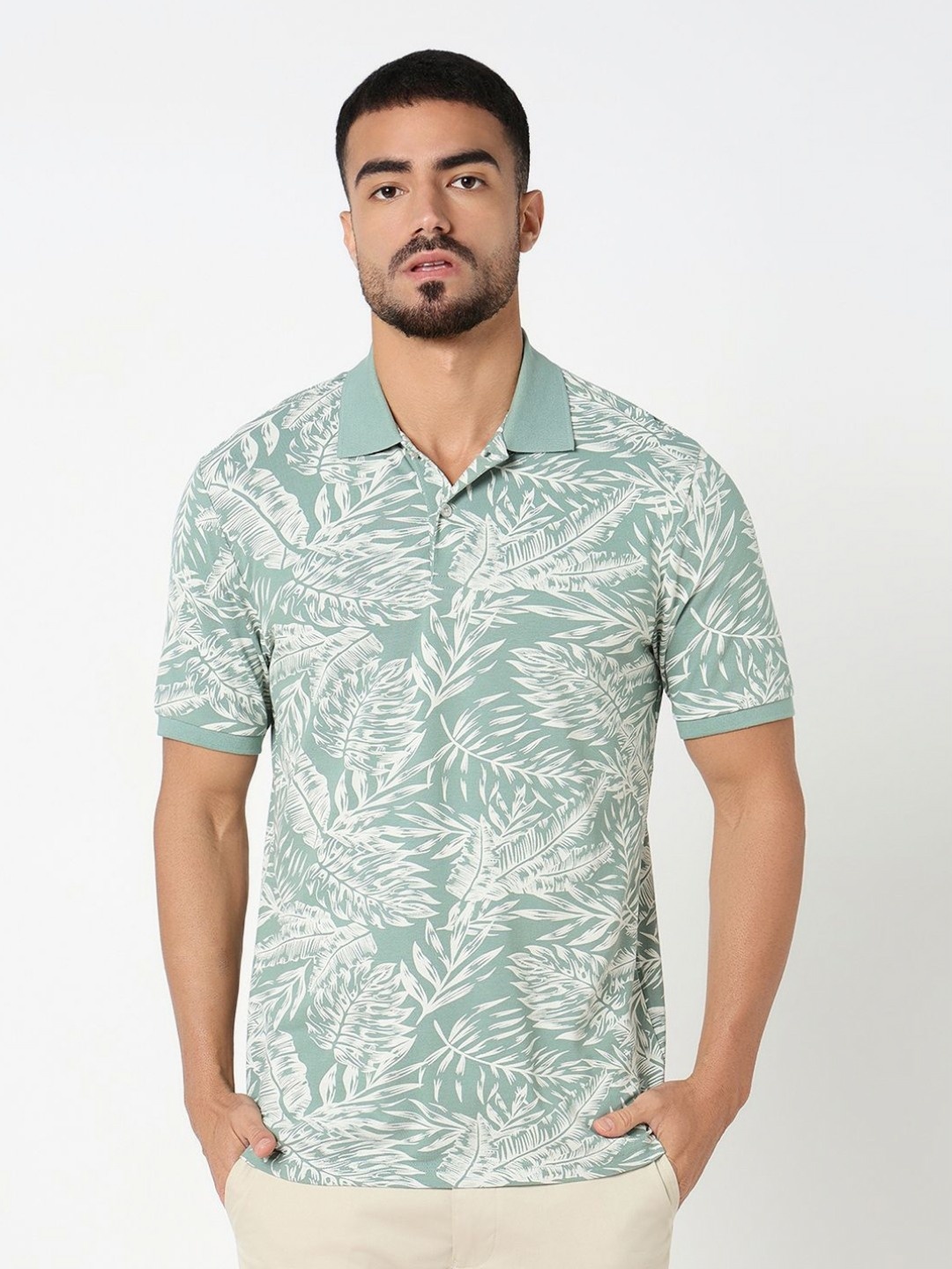 

R&B Men Floral Printed Polo Collar Cotton T-shirt, Green