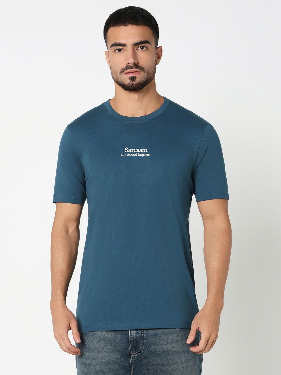 

R&B Men Typography Printed Round Neck Cotton Slim Fit T-shirt, Teal