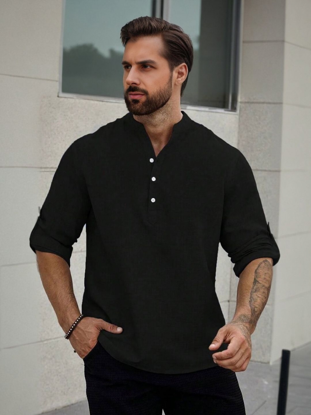 

StyleCast Men Mandarin Collar Solid T-shirt, Black